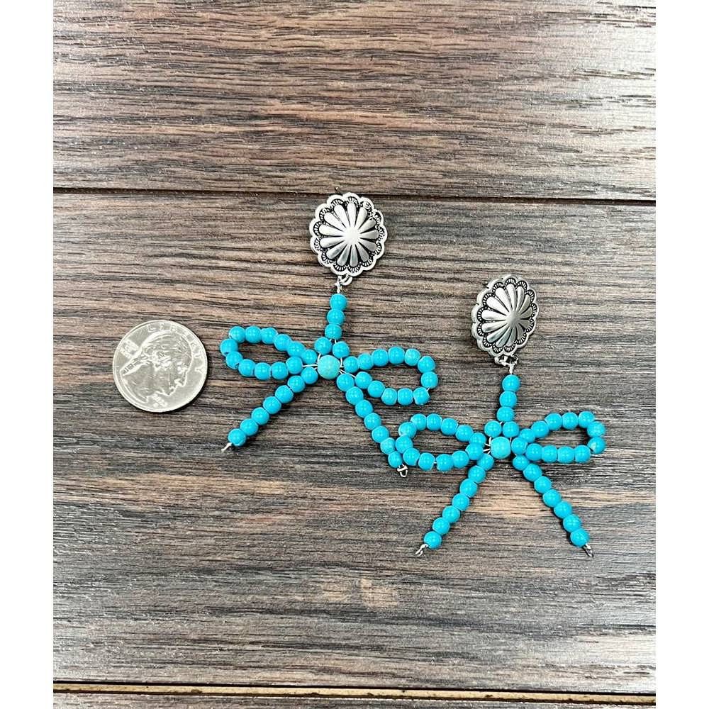 Other Handmade Ribbon Bow Post Earrings with Turquoise Beads, West Size ONE SIZE - 5 Thumbnail