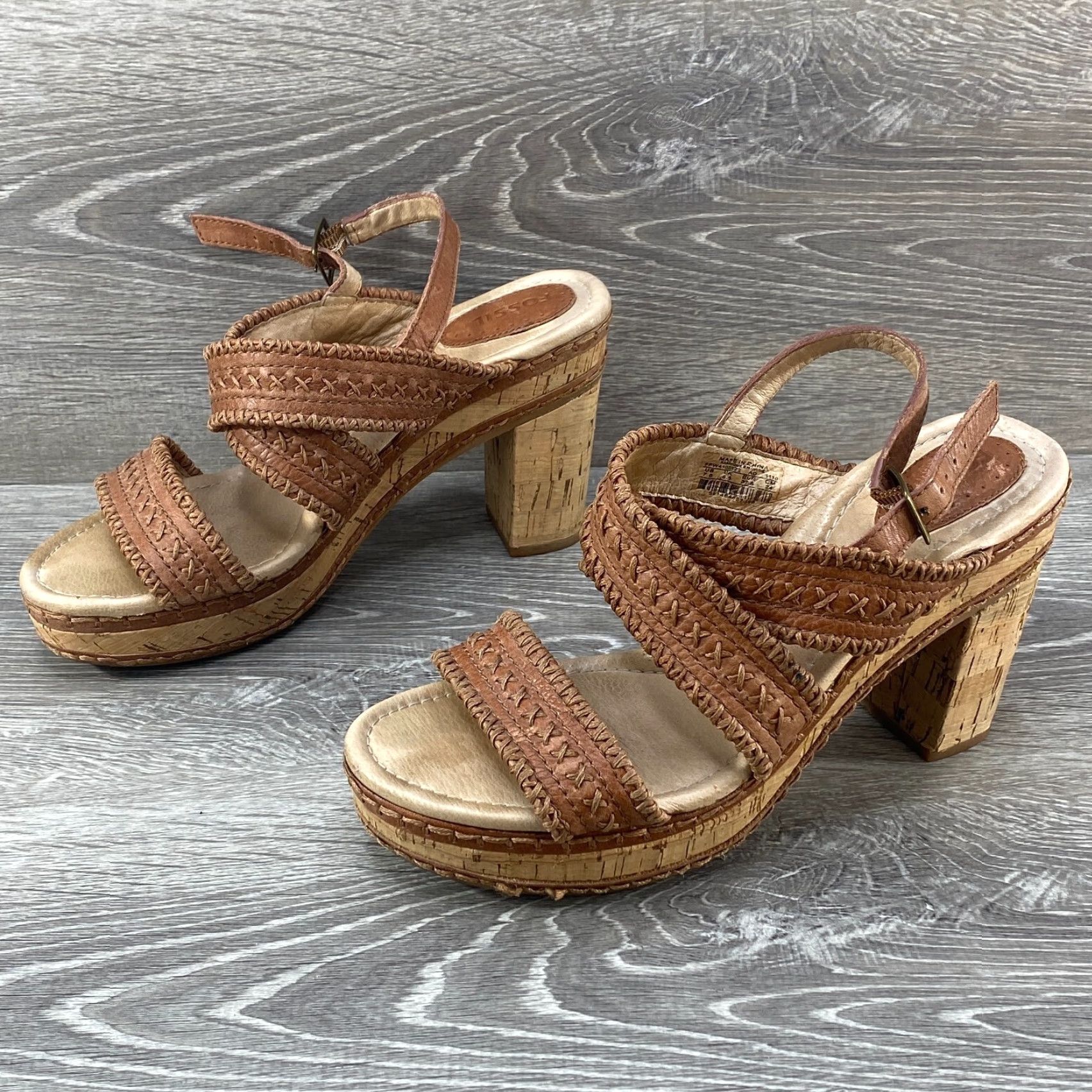 Fossil Fossil Brown Leather Braided Knit Cork 3" Heel Sandal Boho Western Buckle 7.5 Size US 6 / IT 36 - 5 Thumbnail