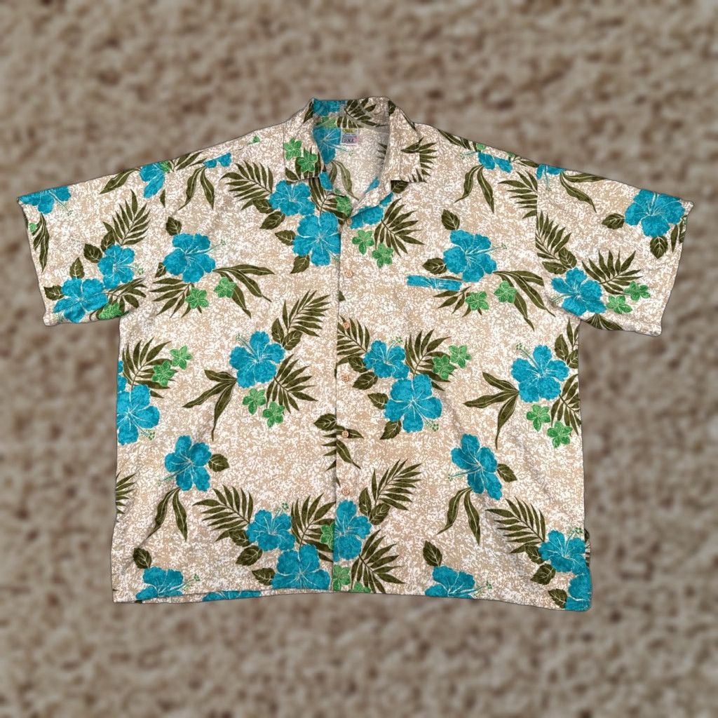 Rima Shirt Adult 2XL Floral Hawaiian Beige Blue Green 100% Terivoile Button-Up Short Sleeve Mens Casual
