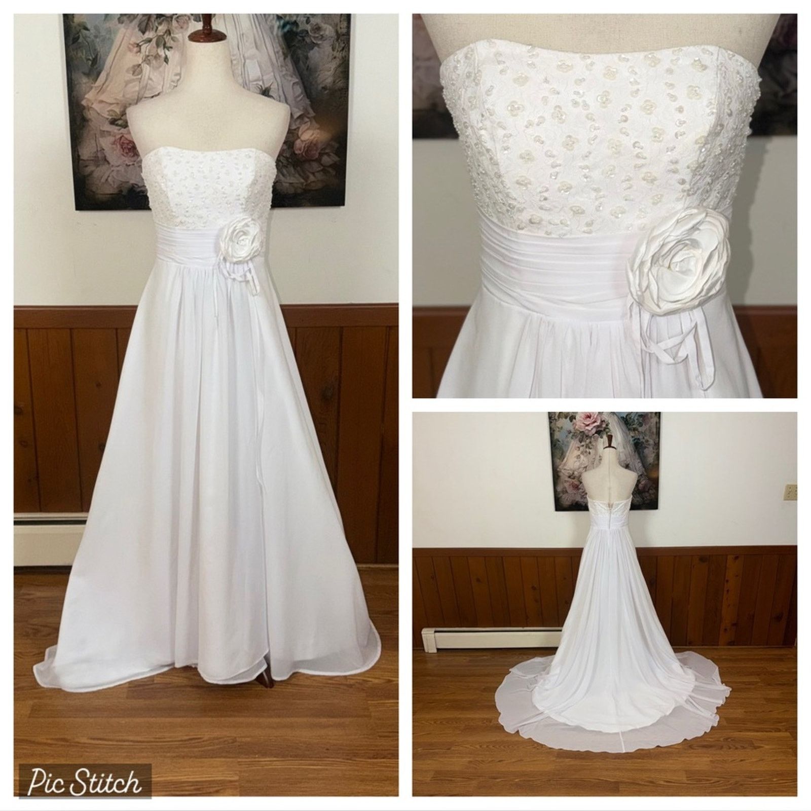 Vintage Beautiful Strapless Chiffon Wedding Gown Size M / US 6-8 / IT 42-44 - 1 Thumbnail