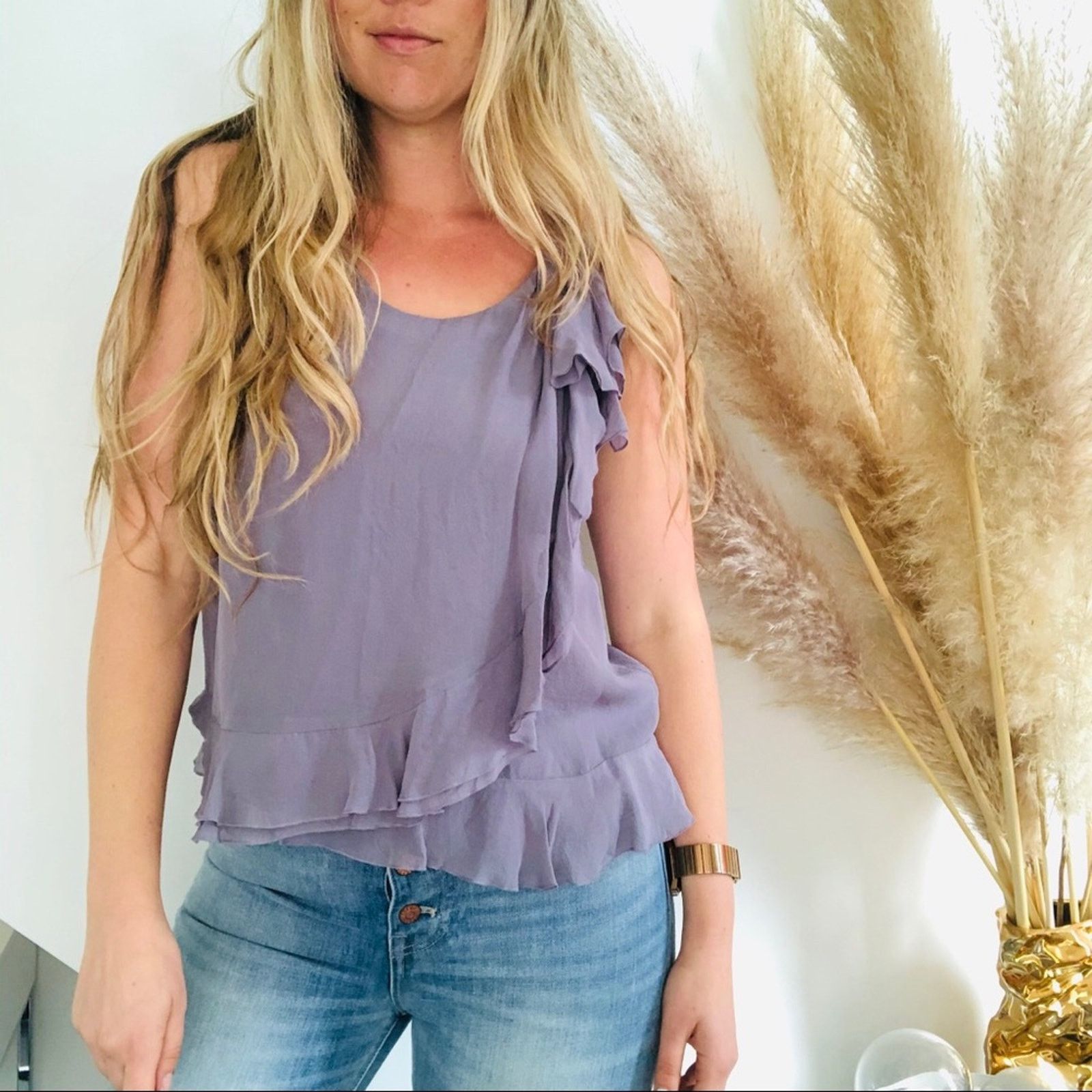 J.Crew J CREW Purple Ruffle Sheer Keyhole Button Silk Tank Blouse Size XS / US 0-2 / IT 36-38 - 2 Thumbnail