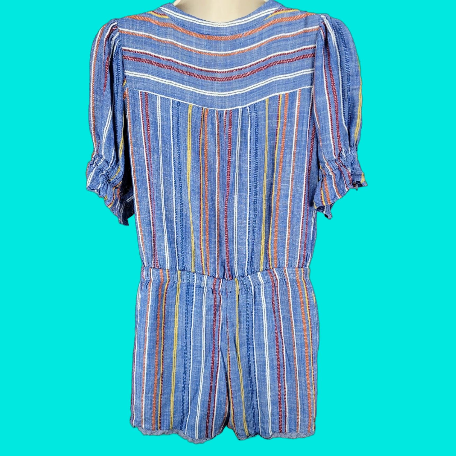 Vintage VINTAGE Adelyn Rae Striped Short Sleeve Romper M Blue Crochet Trim Front Tie Puff Sleeve V-Neck Casual Womens Size 32" / US 10 / IT 46 - 1 Thumbnail