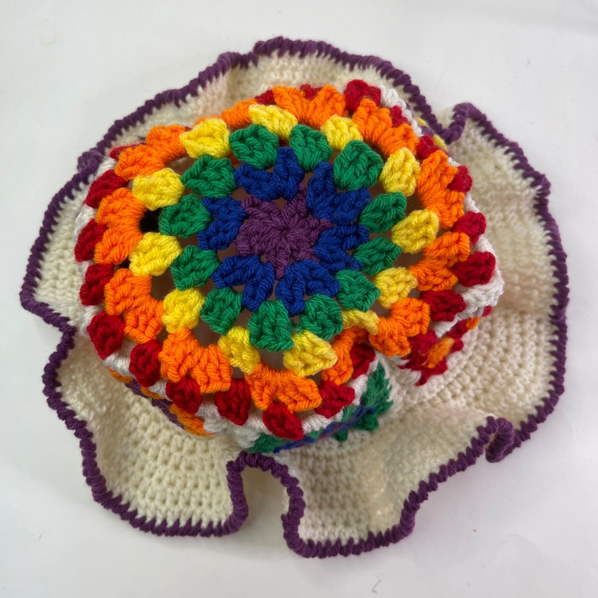 Handmade Crochet Bucket Hat Granny Square in Rainbow Colors and Off-W Size ONE SIZE - 5 Thumbnail