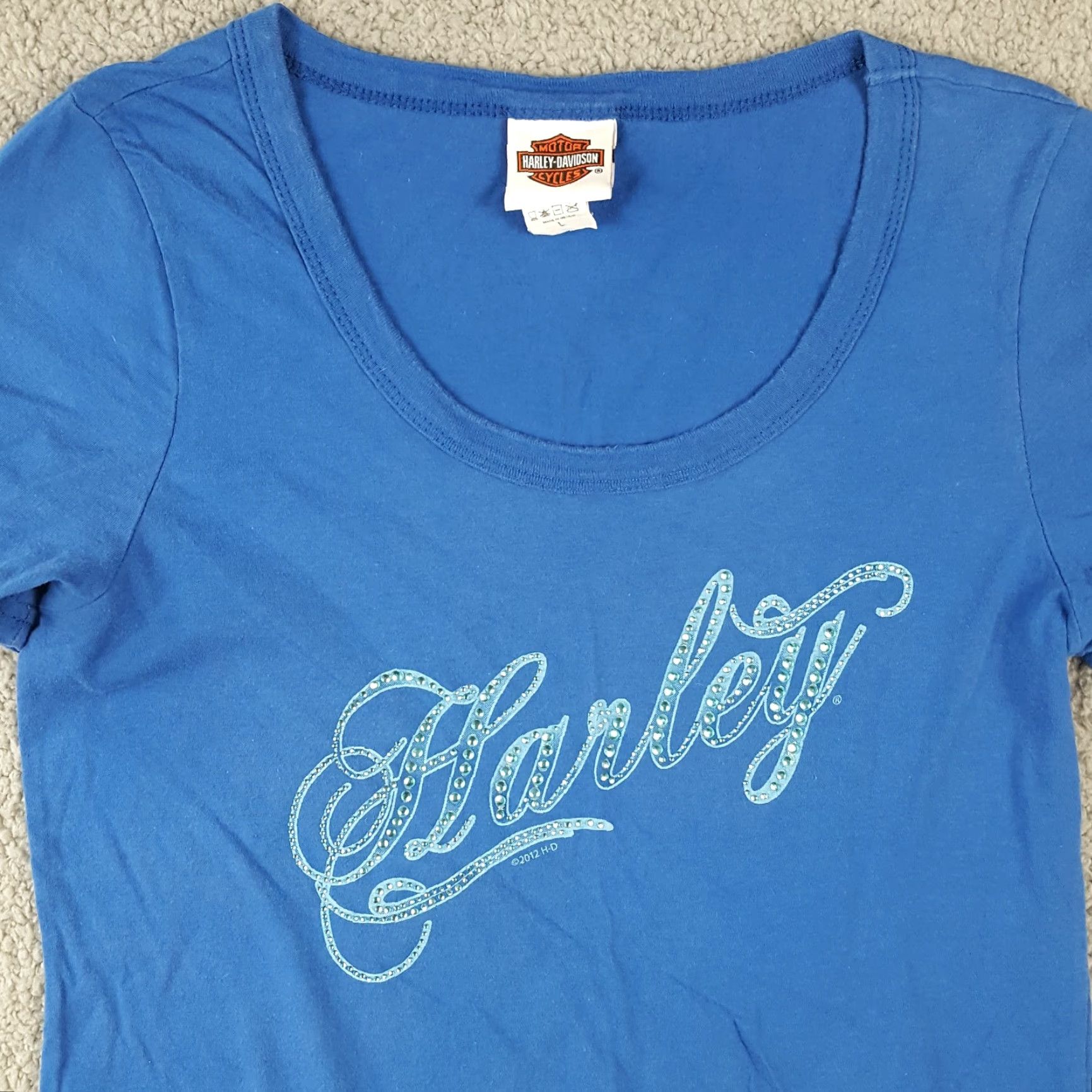 Harley Davidson VINTAGE Harley-Davidson Rhinestone Motorcycles Women's T-Shirt L Blue Casual Short Sleeve 90s Biker Retro Size L / US 10 / IT 46 - 2 Thumbnail