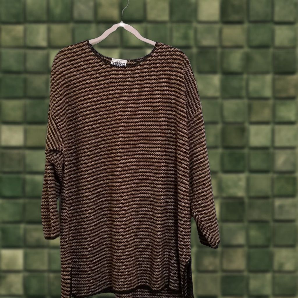 VINTAGE JR RAPPERS Sweater Womens XL Tunic Long Sleeve Round Neck Acryllic Brown Black Stripe 80s 90s Girls Womens