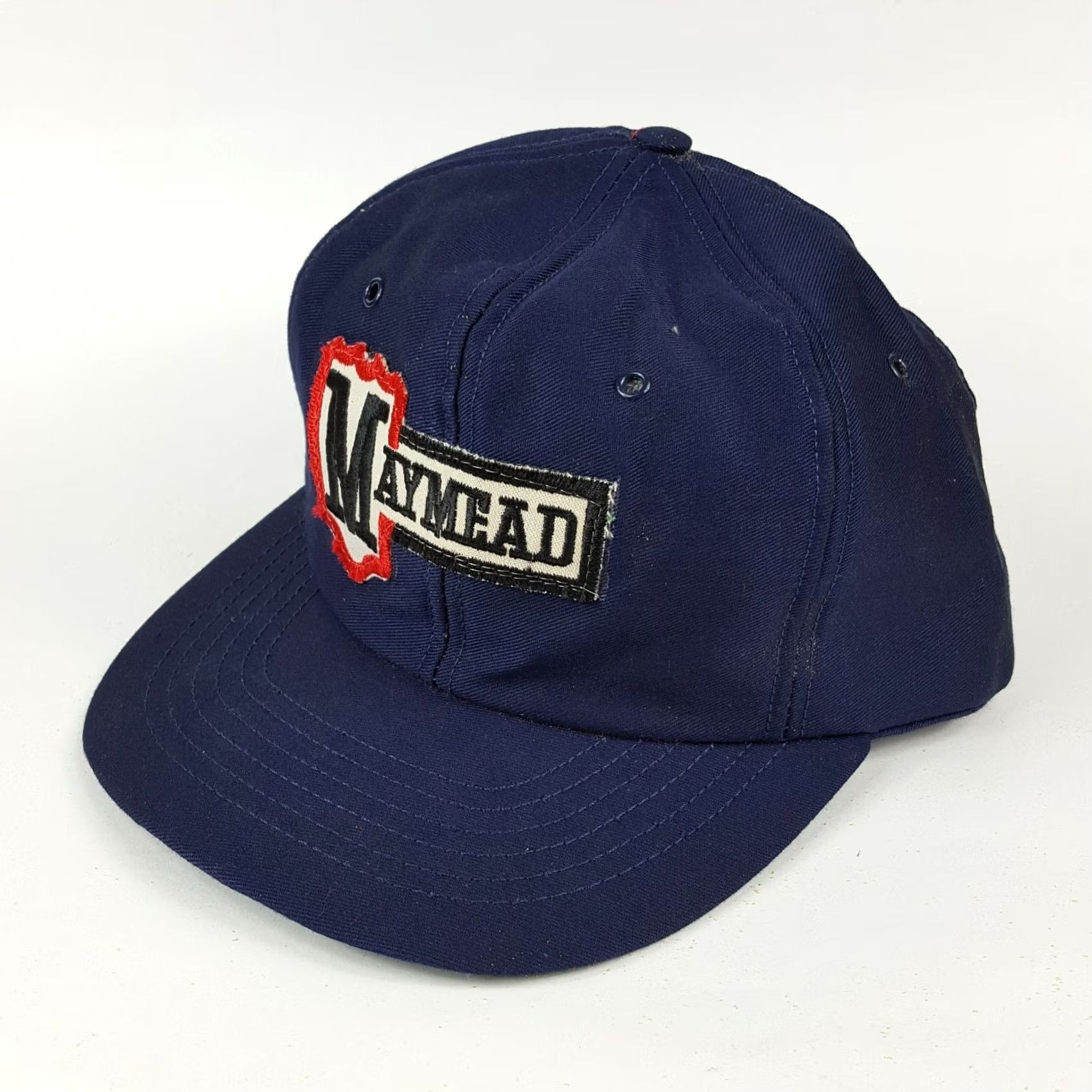 Denime VINTAGE Maymead Farm Denim USA Made Trucker Hat Snapback Retro Cap Patch Hat Adjustable Blue 80s Farming Work Mens Size ONE SIZE - 4 Thumbnail