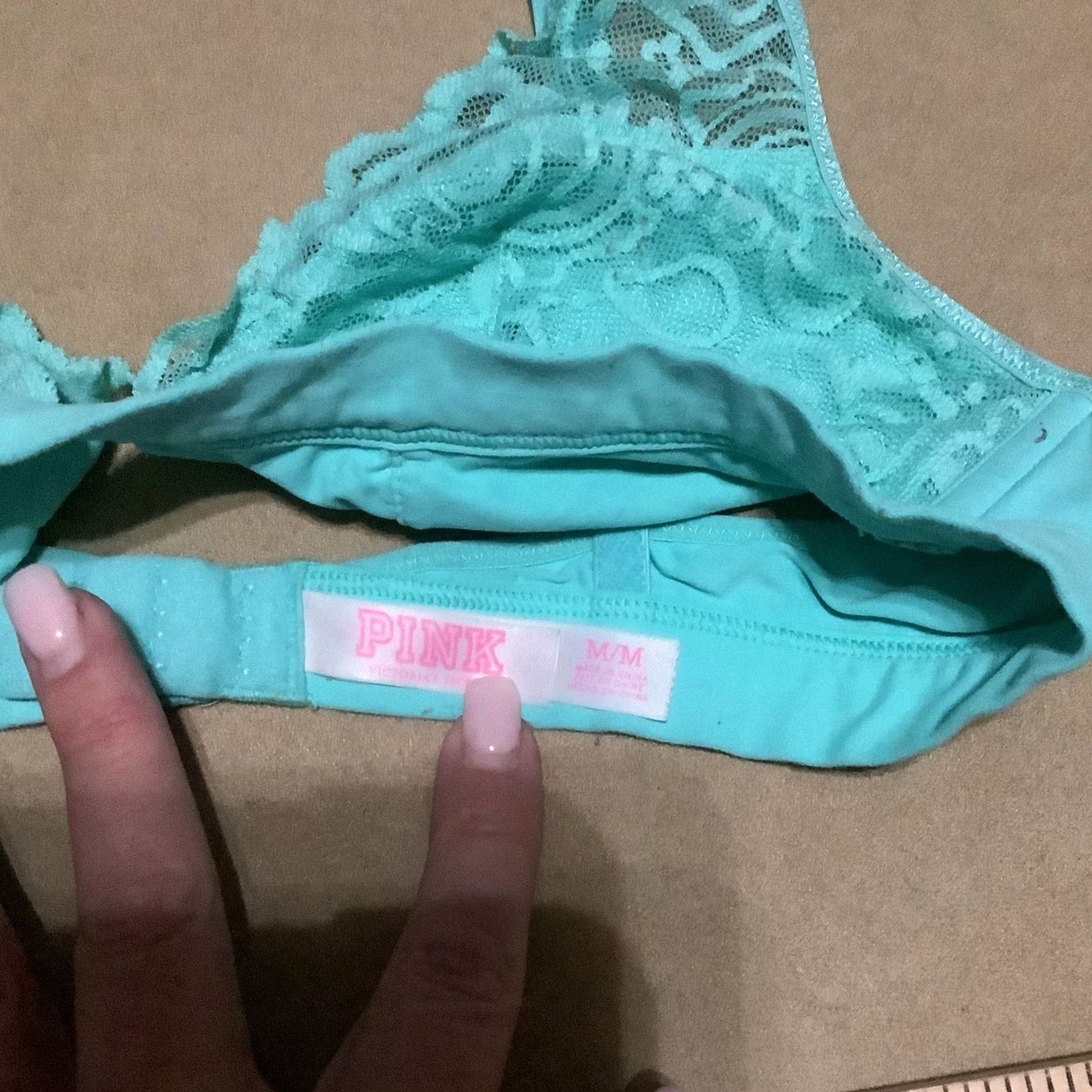 Victoria's Secret Victoria’s Secret PINK Lace Plunge Bralette Bra M Teal Semi-Opaque Lace Adjustable Breathable Comfort Straps Full Coverage Plunge Size ONE SIZE - 3 Thumbnail
