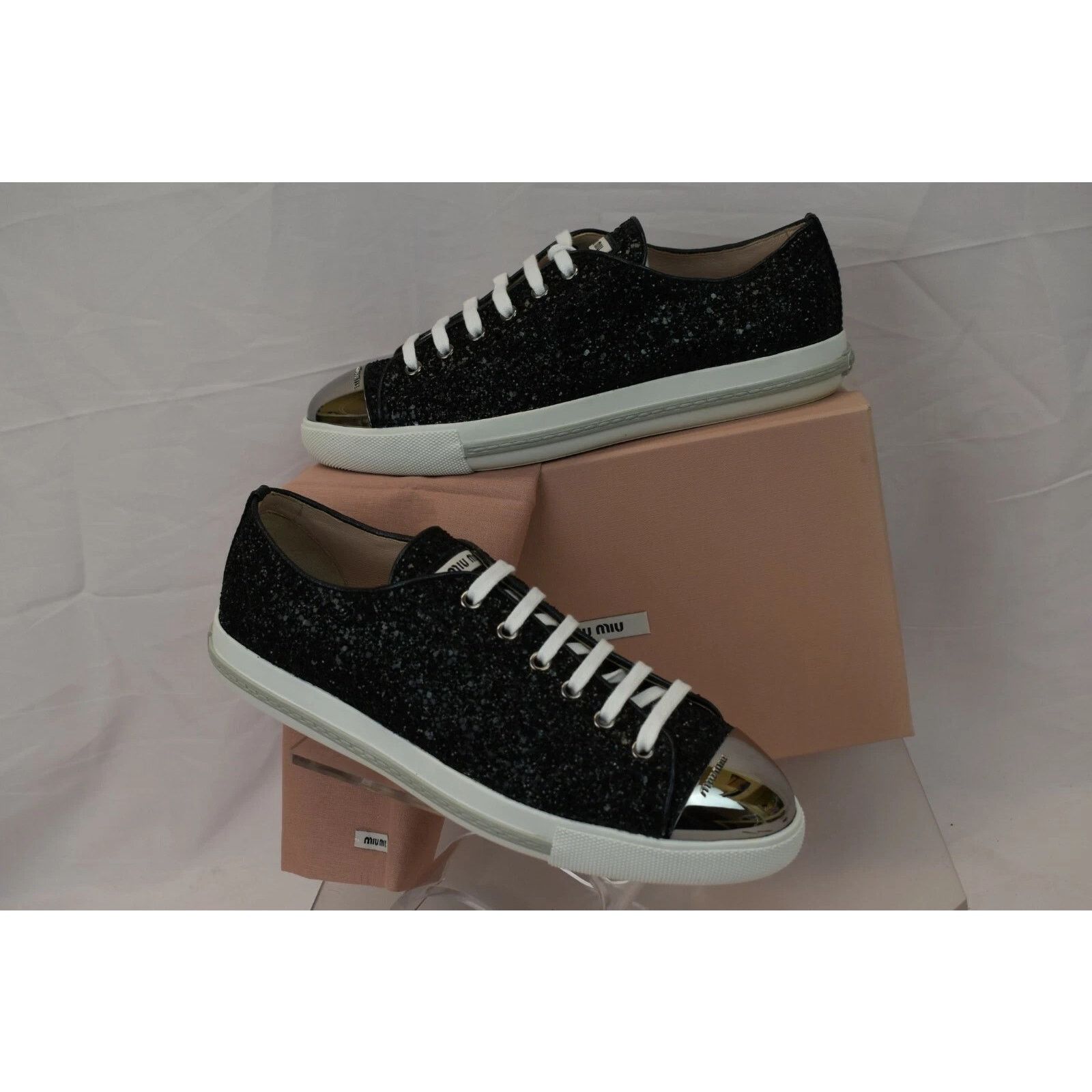 Miu Miu MIU MIU PRADA 5E899 BLACK GLITTER METAL LOGO SNEAKERS 41 ITA Size US 11 / IT 41 - 1 Thumbnail