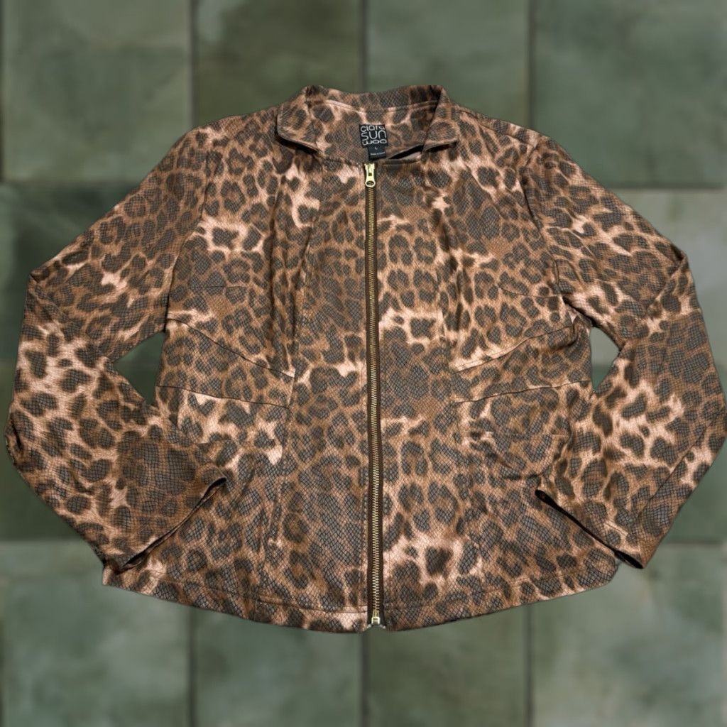 Vintage Clara Sun Woo Leopard Print Liquid Jacket Women's Large Jacket Brown Black Tan Pockets Zipper Long Sleeve Size L / US 10 / IT 46 - 1 Thumbnail