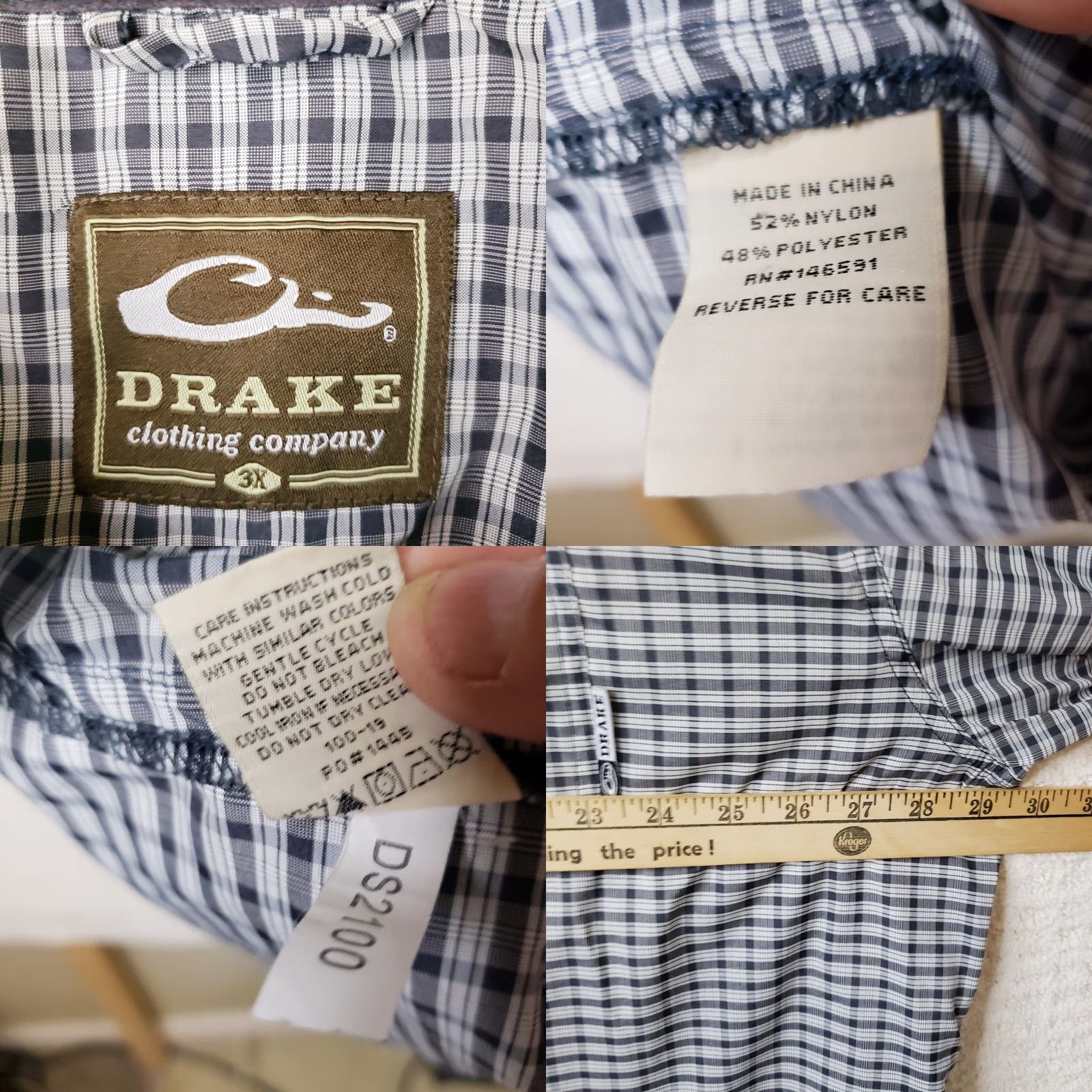 Vintage Drake Shirt Mens 3XL Blue White Plaid Short Sleeve Button Up Nylon Polyester Size US XXL / EU 58 / 5 - 9 Thumbnail