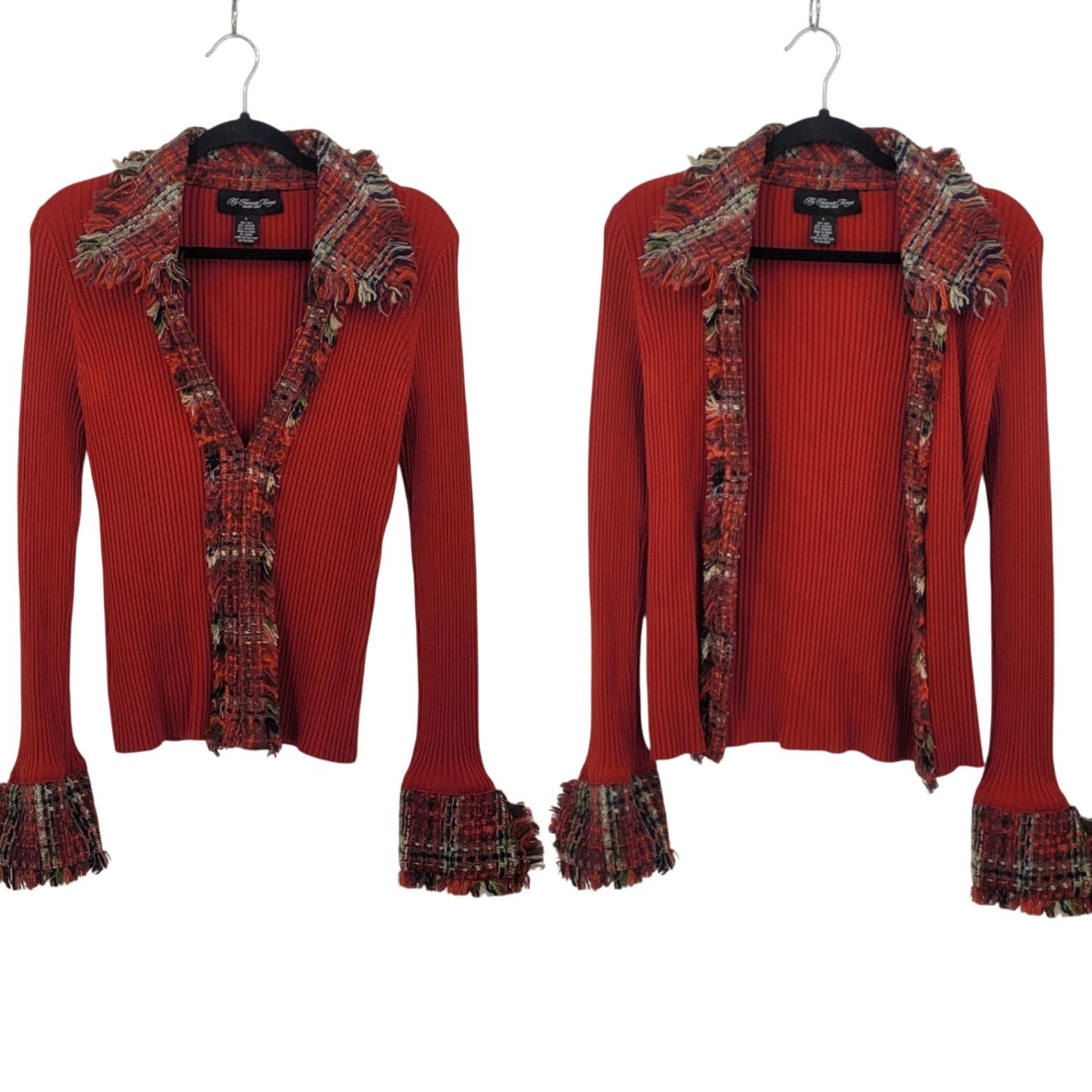 My Favorite Things Red Ribbed Silk Cardigan Jacket L Plaid T