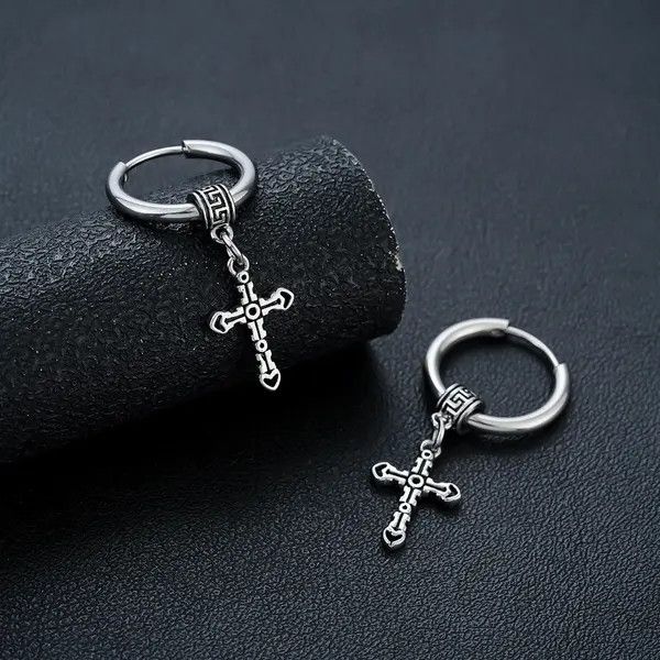 Jewelry Silver Cross Dangle Hoop Earrings, Men's Gothic Jewelry Size ONE SIZE - 8 Thumbnail