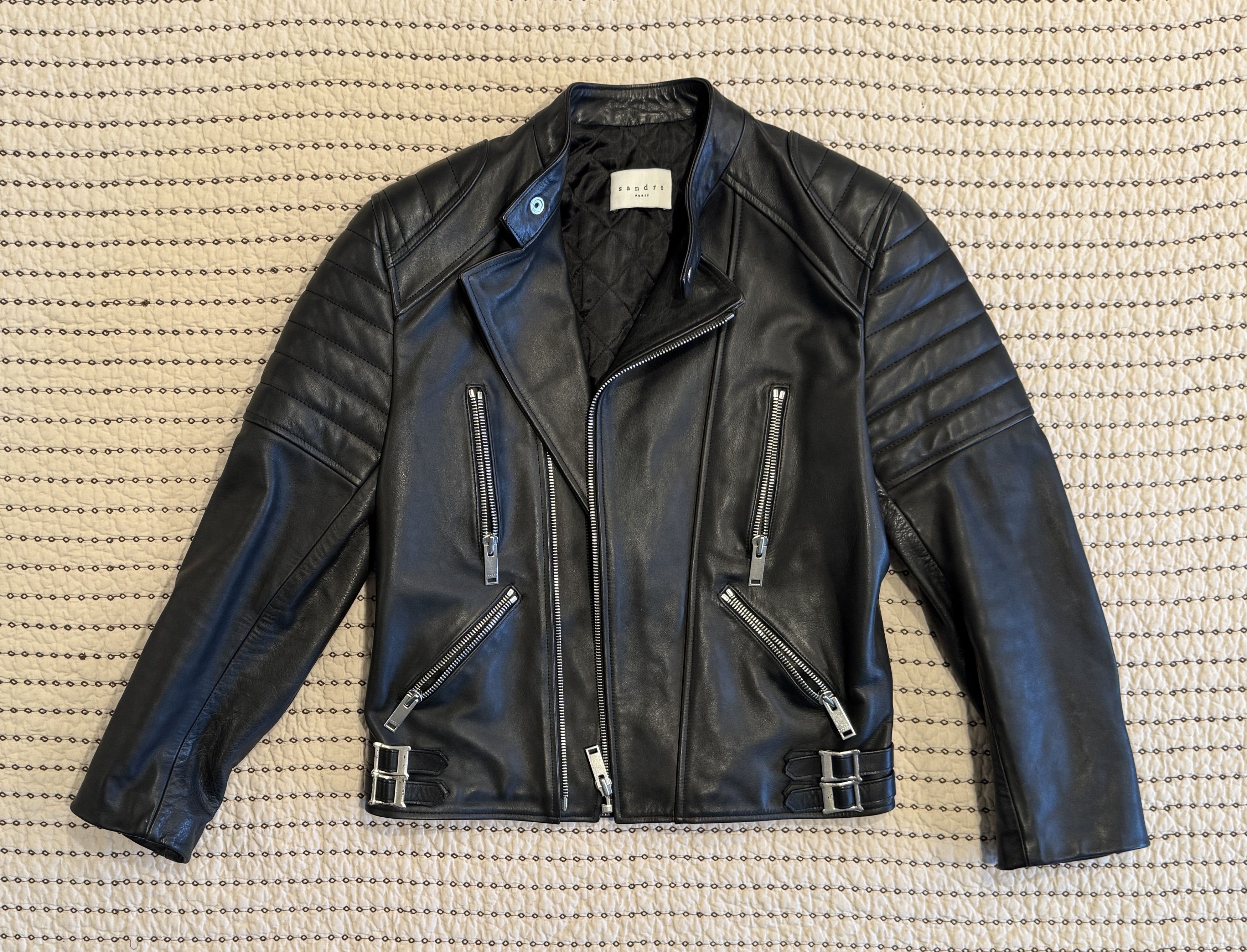 SANDRO LEATHER BIKER JACKET BLACK MEDIUM ALTERED