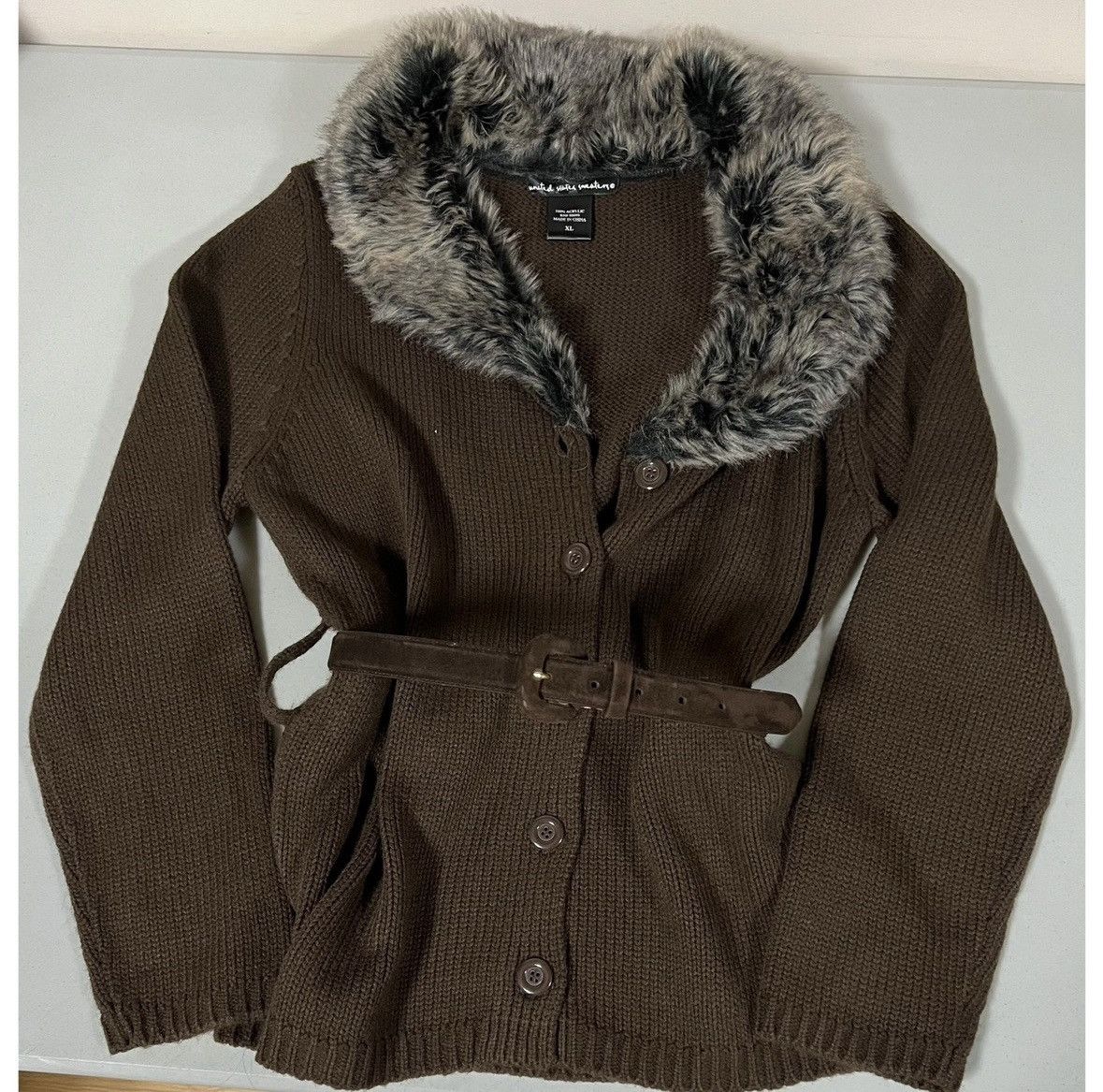 United Arrows Brown Knit Fur Button-Up Belted Sweater Cardigan Top XL 🤎✨ Size XL / US 12-14 / IT 48-50 - 5 Thumbnail