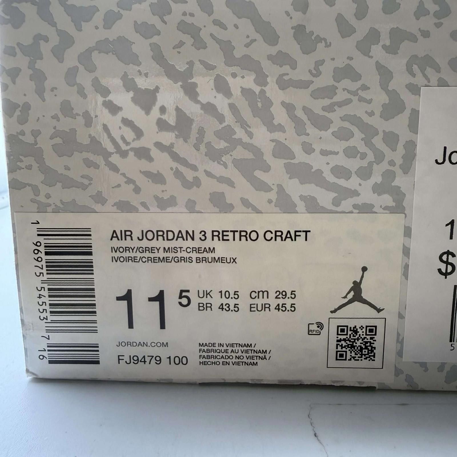 Nike Jordan 3 Retro Craft Ivory US 11.5 Used with Box FJ9479-100 Size US 11.5 / EU 44-45 - 10 Thumbnail