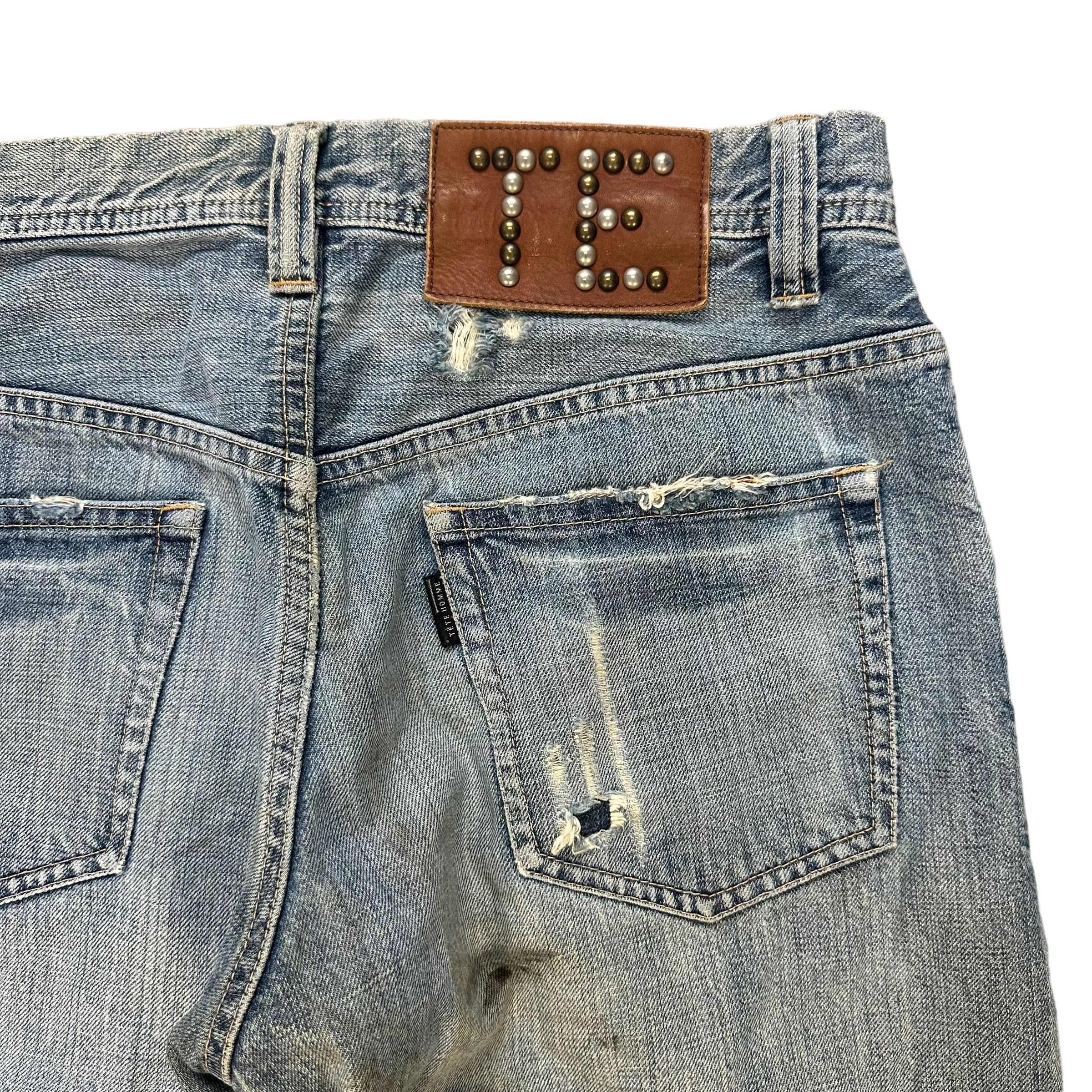 Issey Miyake TRASHED🔥 TETE HOMME LIGHT WASH STUDDED DENIM PANT #7798-176 Size US 31 - 12 Thumbnail