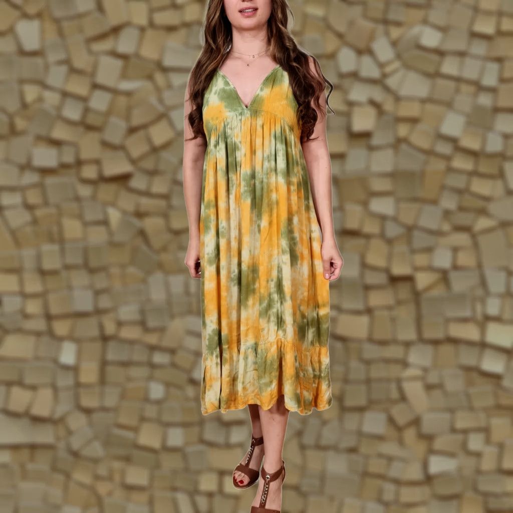 Vintage Pull&Bear Womens Midi Dress Yellow Tie Dye Tiered Sleeveless V-Neck Pullover L UK12 EUR40 Casual Party/Cocktail Travel Womens Size L / US 10 / IT 46 - 1 Thumbnail