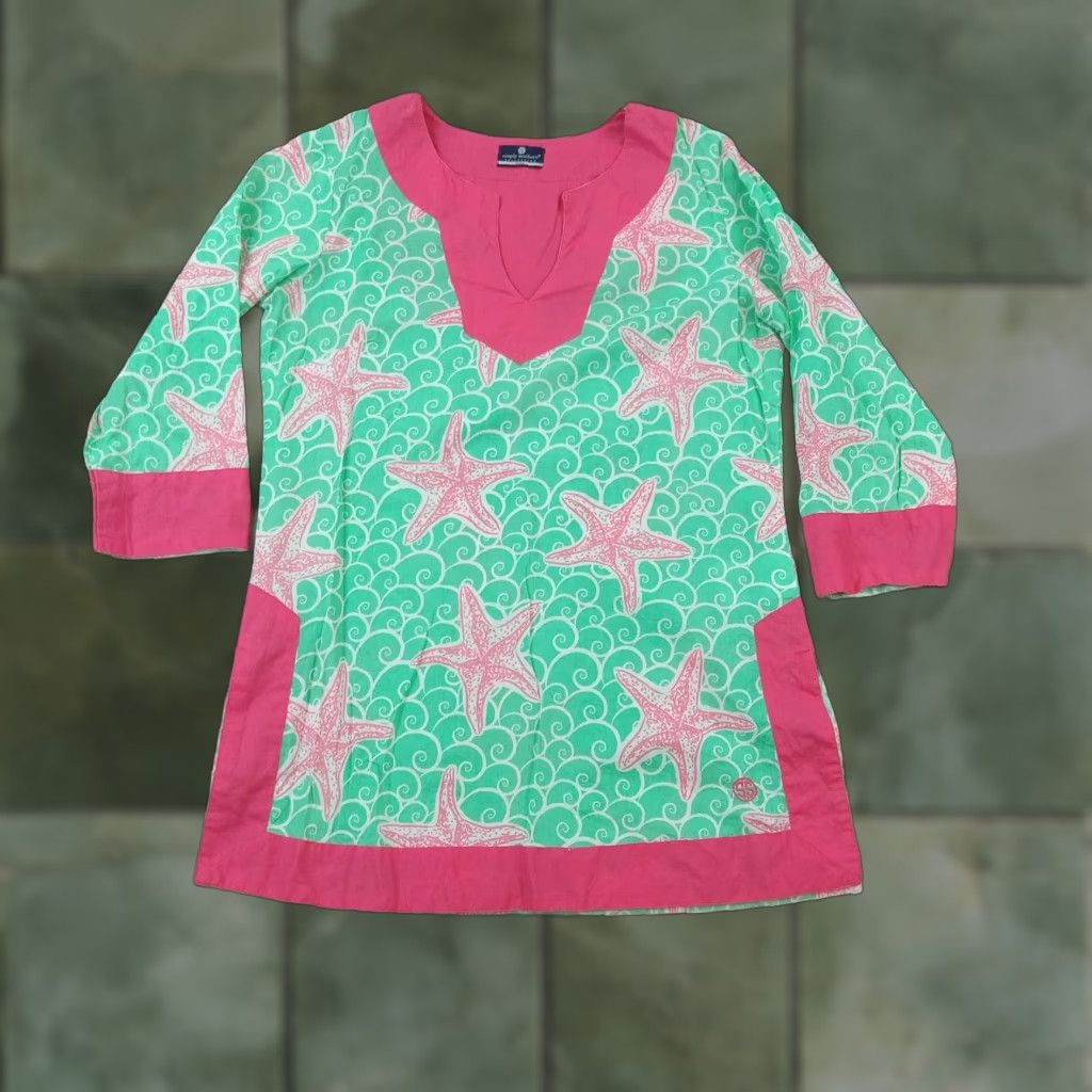 Pinko Simply Southern Pink Green Starfish 3/4 Sleeve Tunic Top Womens Small Cotton Knit Easy Care Size S / US 4 / IT 40 - 1 Thumbnail