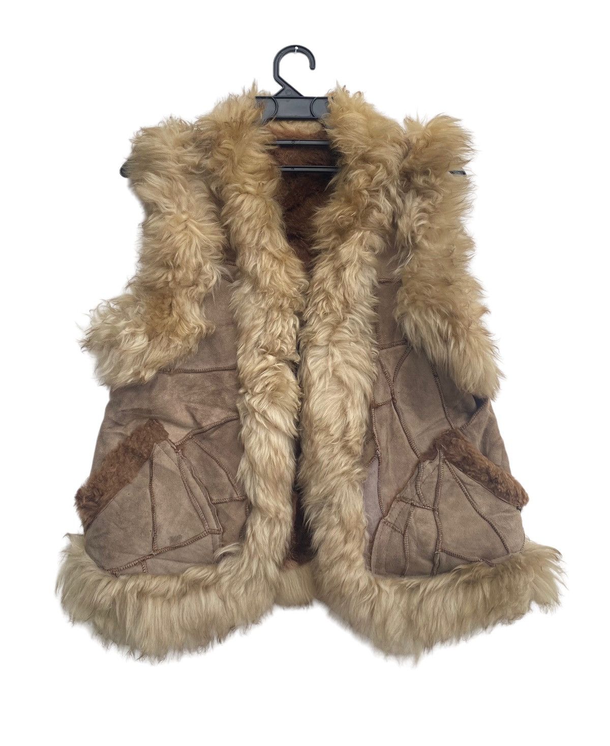 image of Sheepskin Coat x Vintage VTG Sheepskin Reconstucted Patch Leather Sleeveless Jacket in Brown, Women