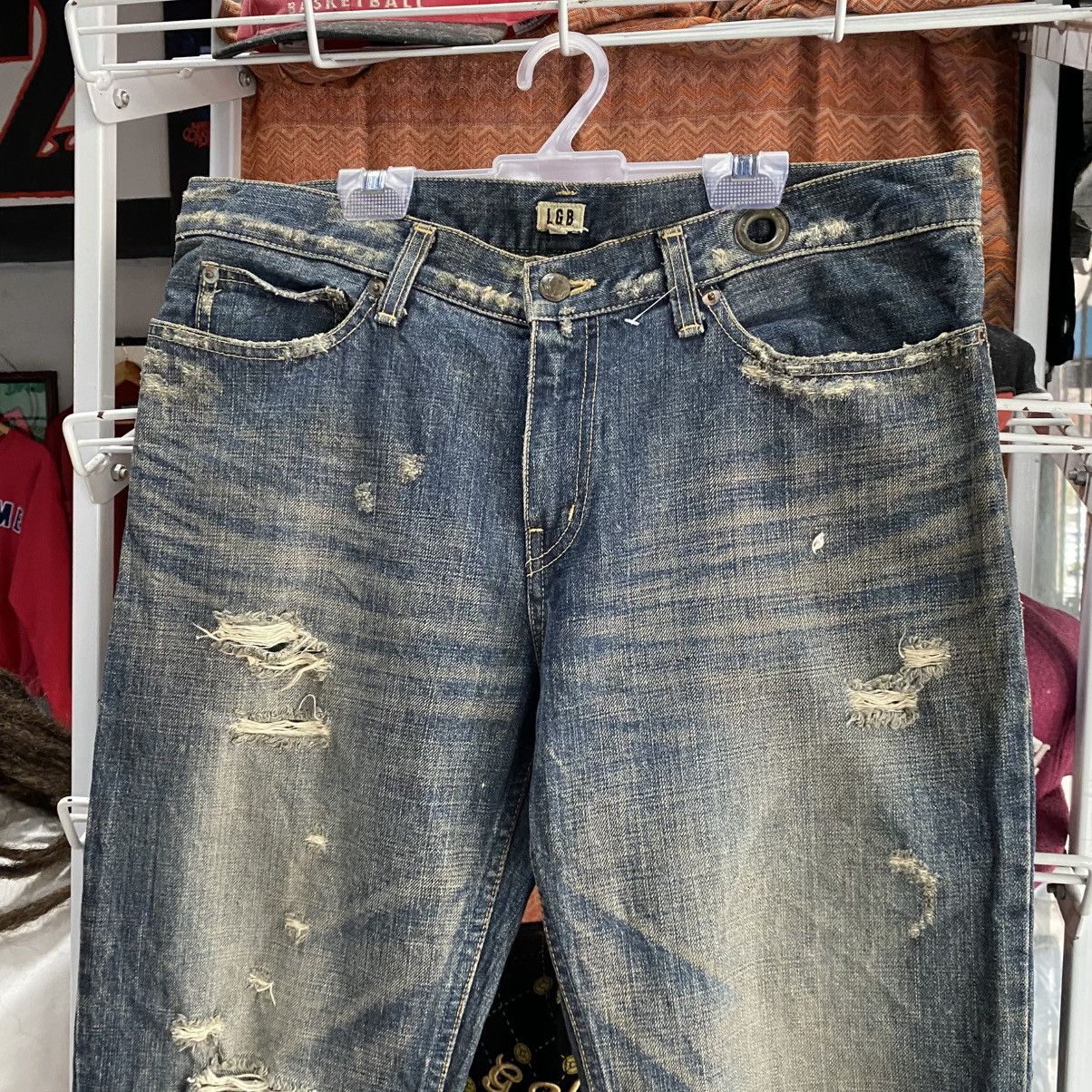 Le Grande Bleu (L.G.B.) LGB Distressed Blue Denim Jeans | Vintage Wash Ripped Style Size US 33 - 8 Thumbnail