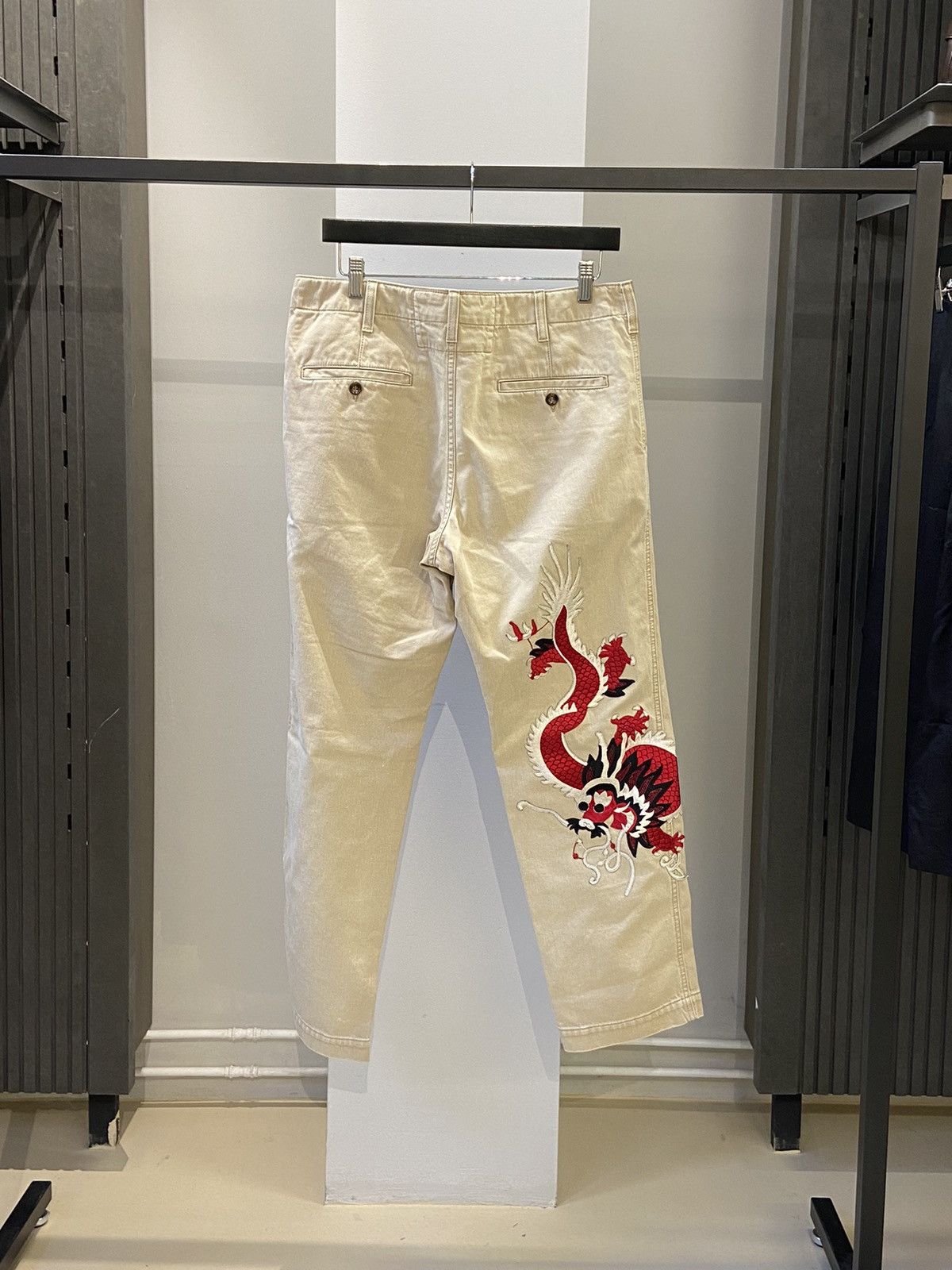 image of Gucci Embroidered Dragon Pants in Beige, Men's (Size 34)