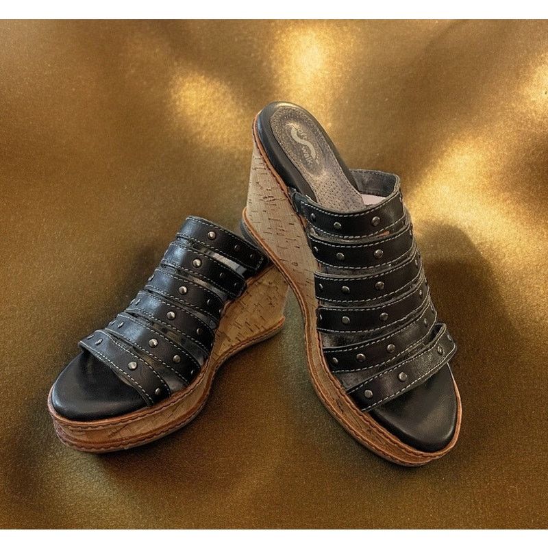 Unknown London Soft Walk Black Wedge Heels Sandals Leather Shoes Sz 6.5 M Size US 6.5 / IT 36.5 - 2 Thumbnail