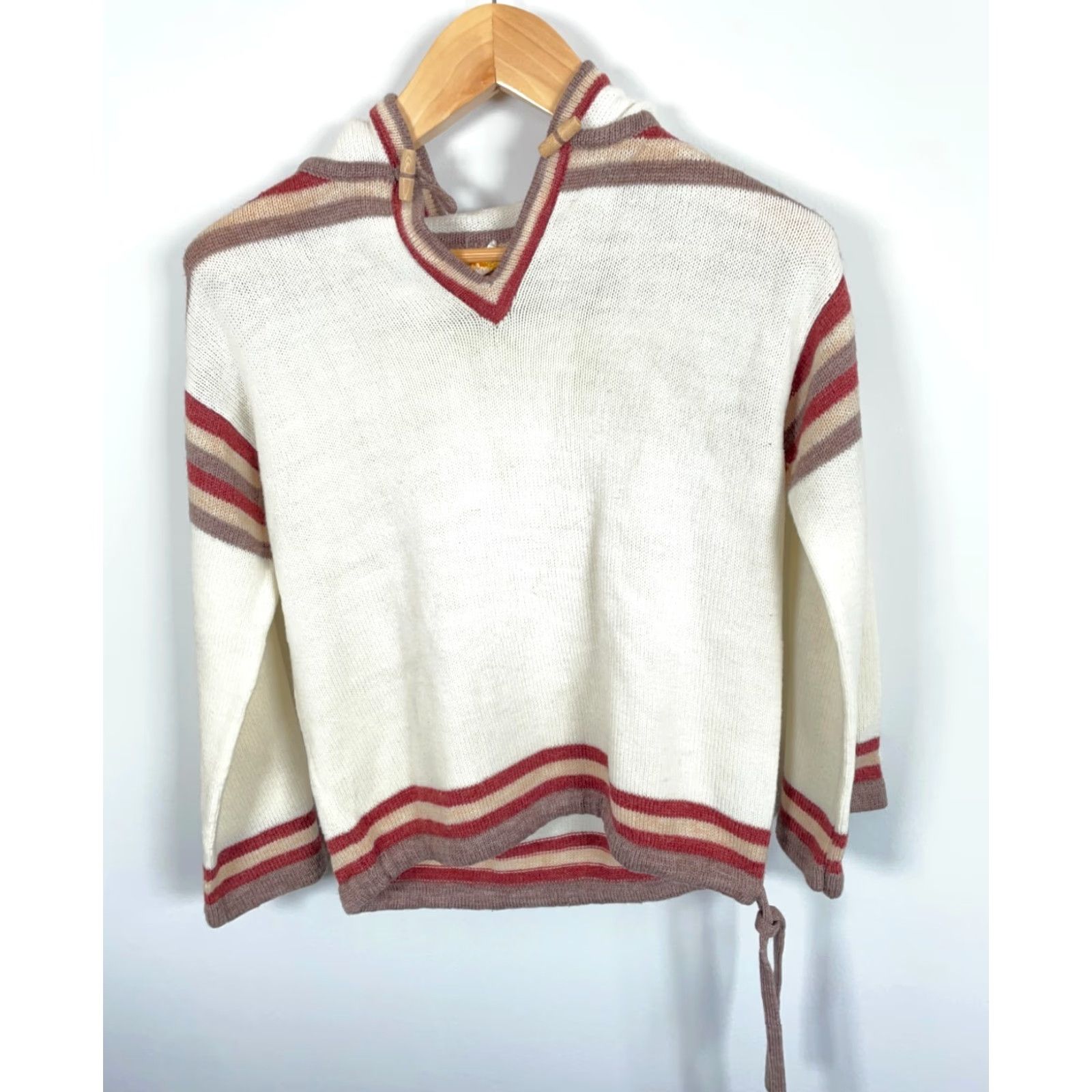 Vintage VINTAGE 80s Hooded Toggle Sweater Women's Small White Red Striped Boho Knit Acrylic Size S / US 4 / IT 40 - 4 Thumbnail