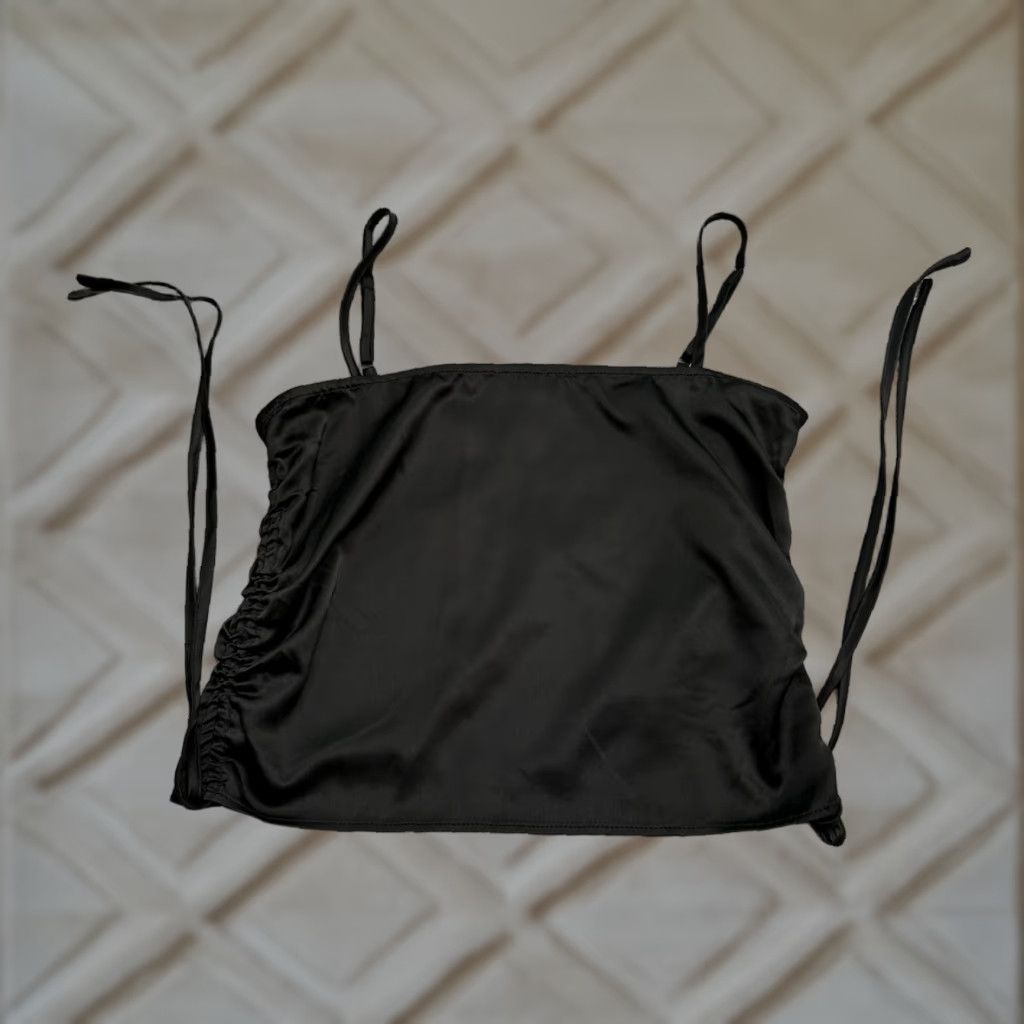 AQUA Aqua Shirt Womens XS Black Cropped Tank Satin Ruched Spaghetti Strap Cropped Top Casual Vintage No Size XS / US 0-2 / IT 36-38 - 1 Thumbnail