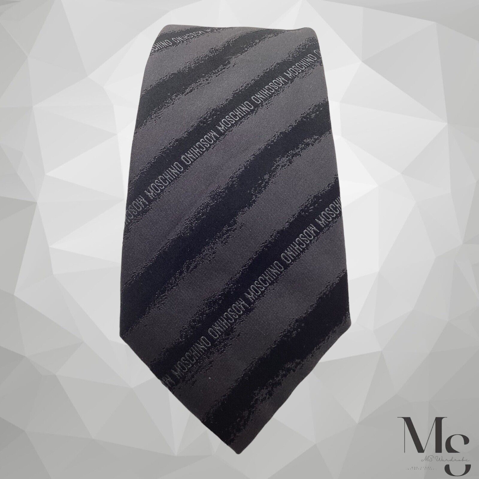 Moschino MOSCHINO Gray With Black Stripe Monogrammed Silk Tie Made In Size ONE SIZE - 3 Thumbnail