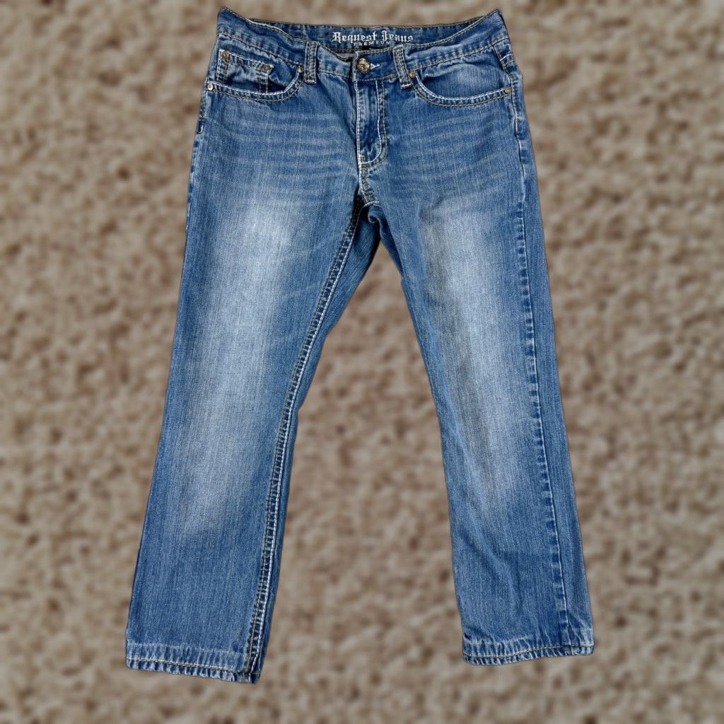 Vintage Request Jeans Jeans Womens 32 Blue Denim Straight Distressed Embroidered 31x26 Jeans Size 24" / US 00 / IT 34 - 1 Thumbnail