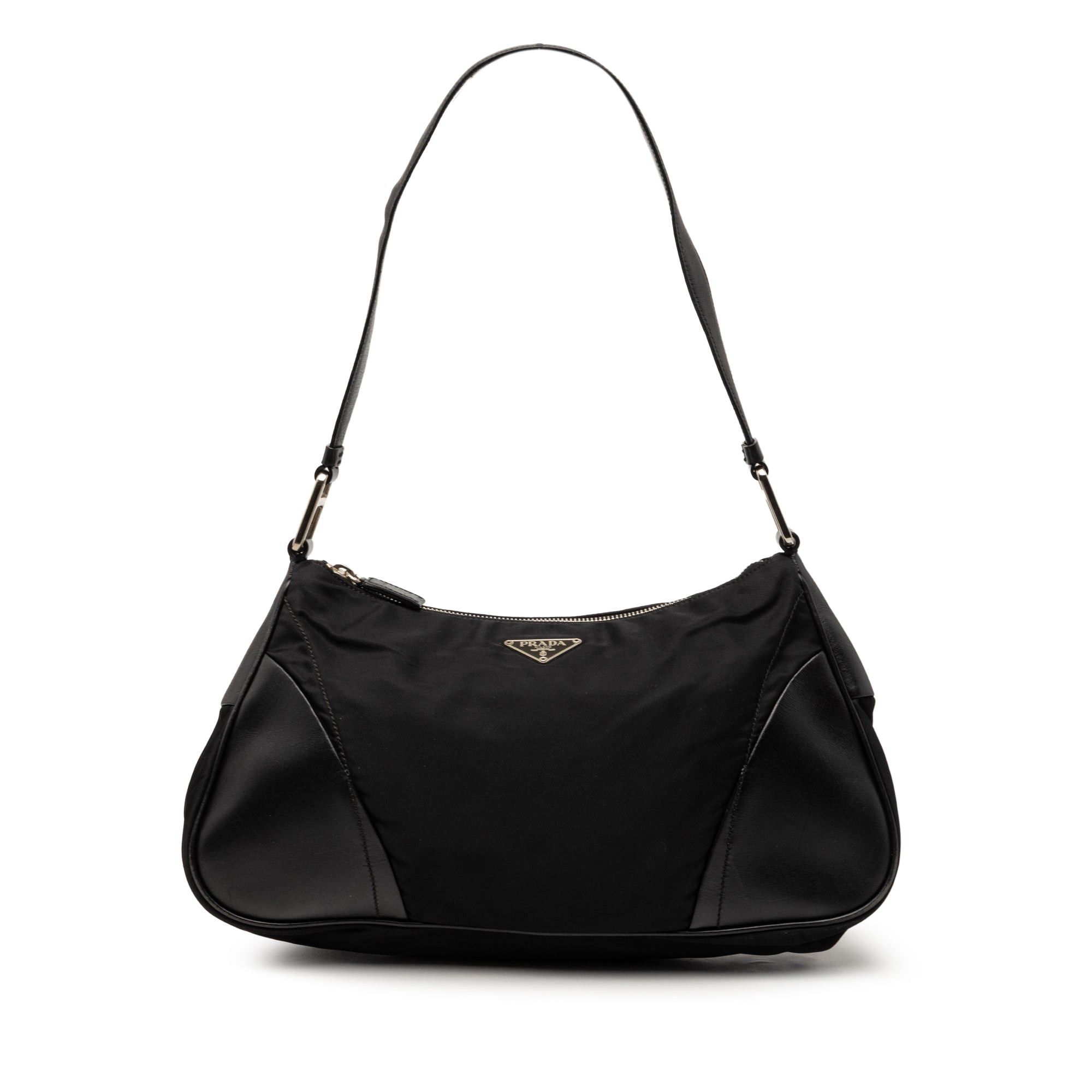Prada Leather Trimmed Tessuto Shoulder Bag in Black, Women's