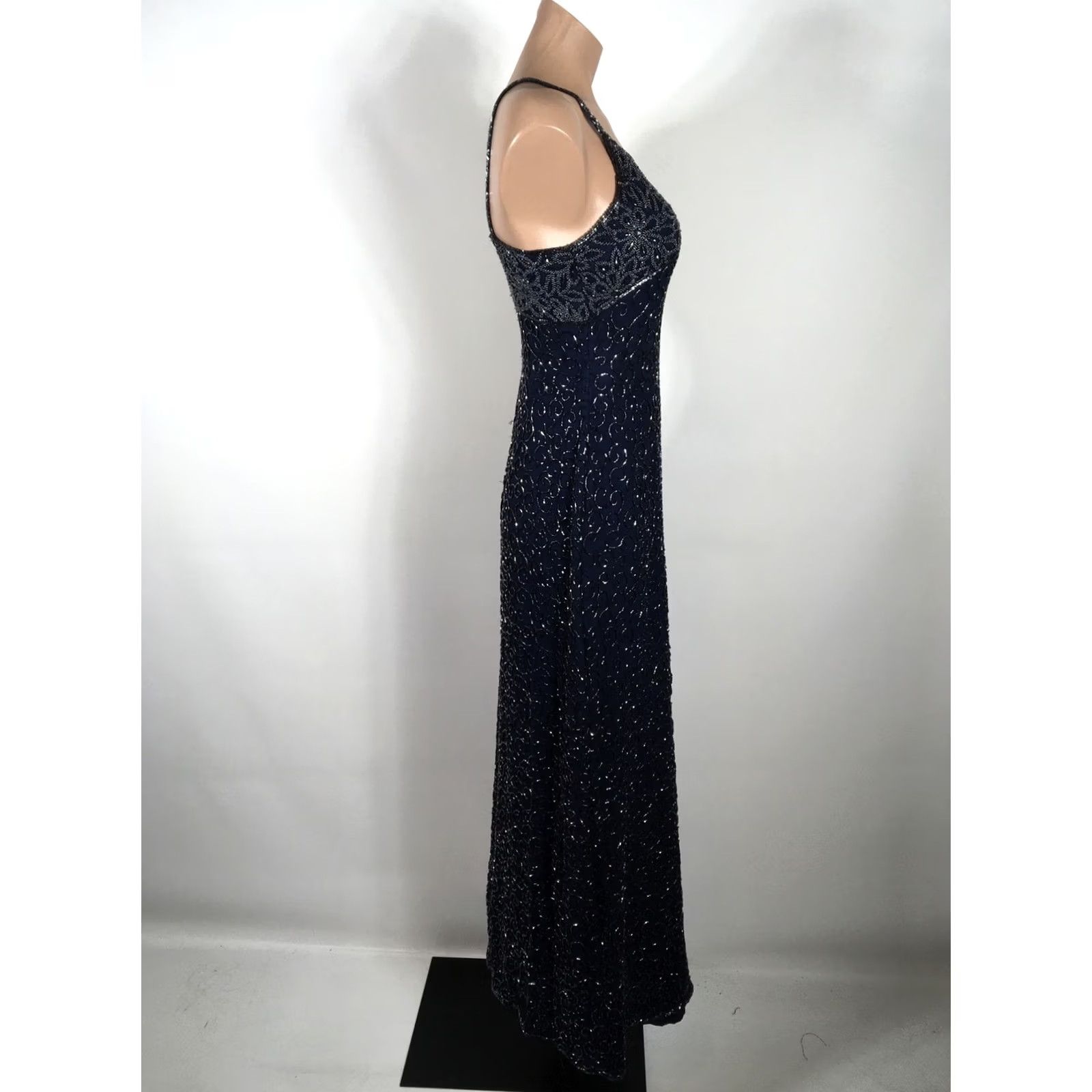 Vintage VINTAGE Scala Long Silk Beaded Open Sequin Square Neck Blue Gown M Dress, Ball Gown, A-Line, Formal, Women's Velvet Blue Silk, Vintage Scala Size M / US 6-8 / IT 42-44 - 5 Thumbnail