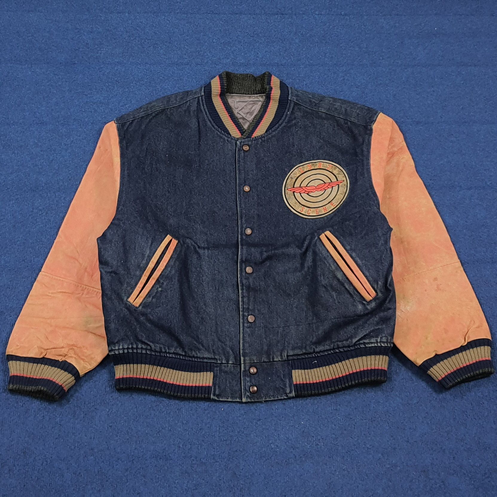 Vintage Vintage SCENE Japan Denim Varsity Jacket Leather C308N24 Size US L / EU 52-54 / 3 - 1 Thumbnail