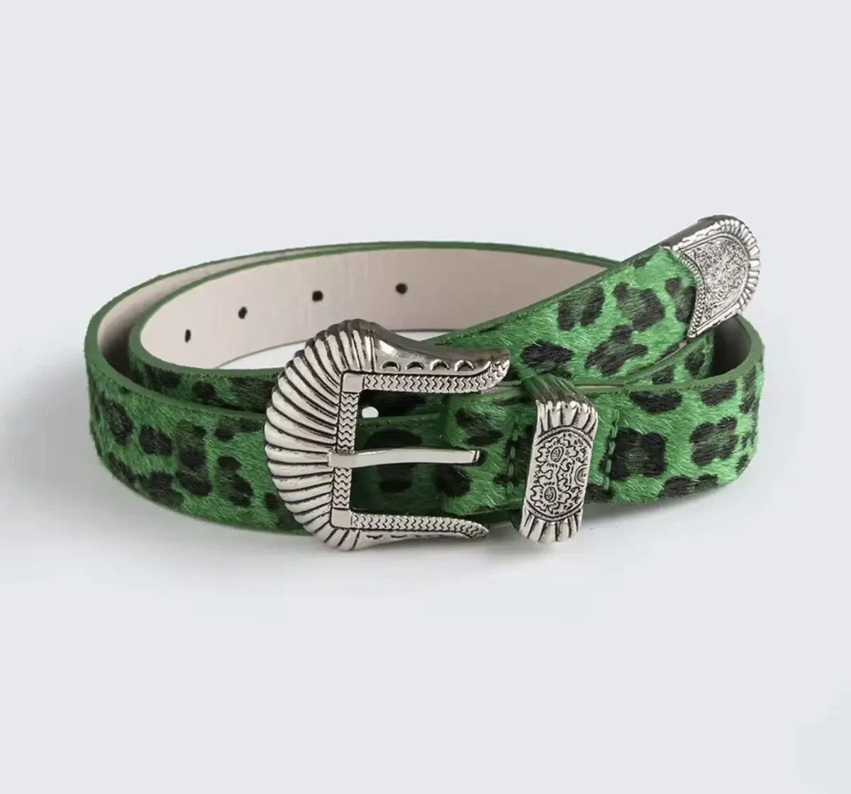 Japanese Brand Green Leopard Print Western PU Leather Belt Size ONE SIZE - 1 Thumbnail