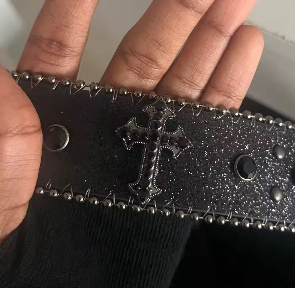 Japanese Brand Black Cross Rivet 115 cm Belt Engraved Buckle Rhinestone Size ONE SIZE - 1 Thumbnail