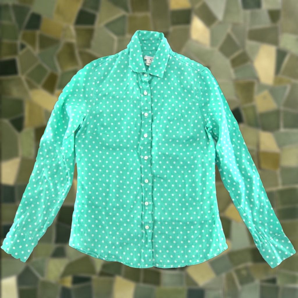J.Crew J.CREW Button-Up Linen Aqua Blue White Polka Dot Collar Long Sleeve Blouse XS Women’s Regular 100% Linen Size XS / US 0-2 / IT 36-38 - 1 Thumbnail