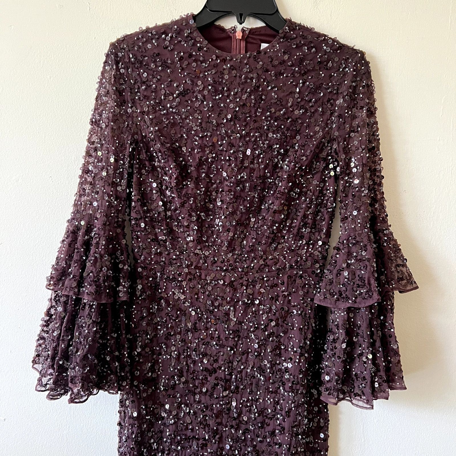 MACH & MACH Mac Duggal 10802 Bell Sleeve Sequin Dress size 2 burgundy BB Size XS / US 0-2 / IT 36-38 - 3 Thumbnail