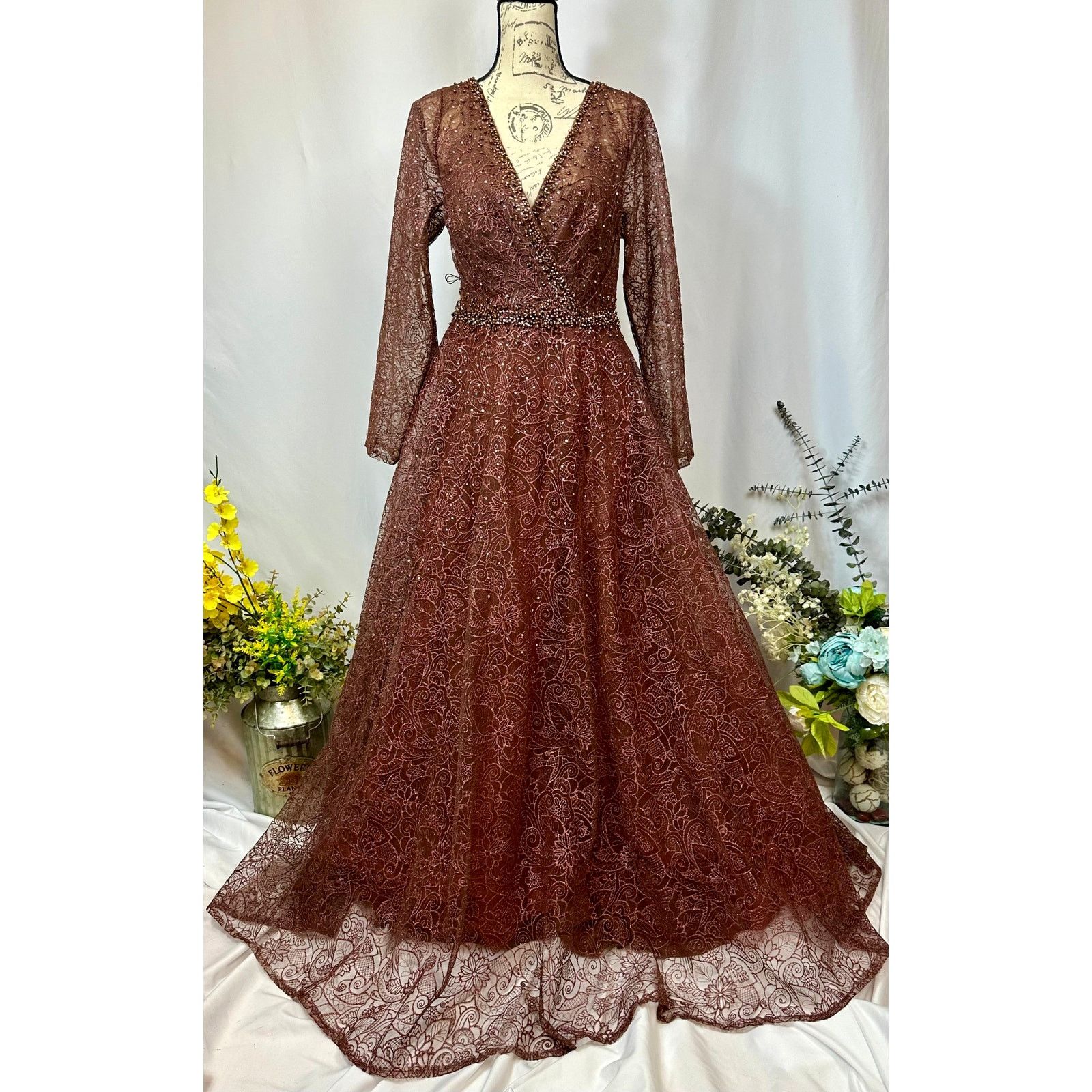 Other Mac Duggal Embellished Illusion V-Neck Gown Chocolate 12 Size XL / US 12-14 / IT 48-50 - 6 Thumbnail
