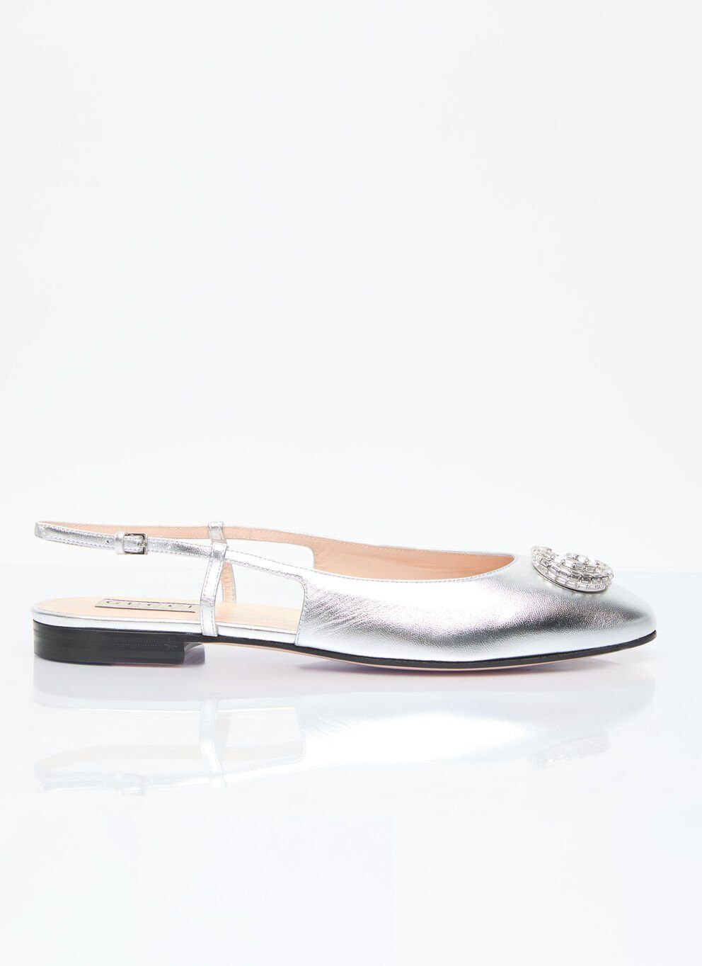 image of Gucci Crystal Logo Ballerina Flats in Silver, Women's (Size 8)