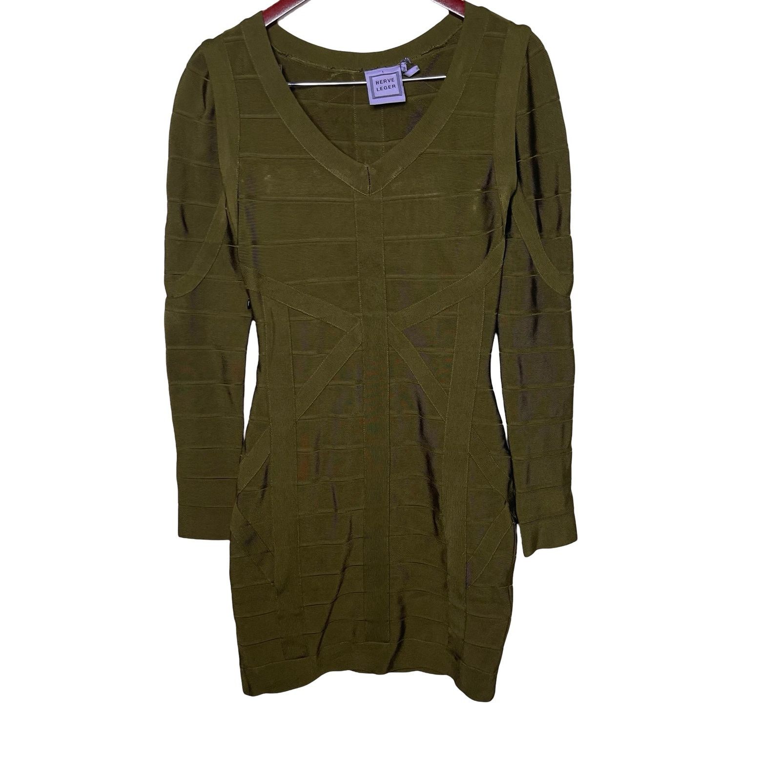 Herve Leger Herve Leger Olive Green Bandage mini dress short sleeve sz L |  Grailed