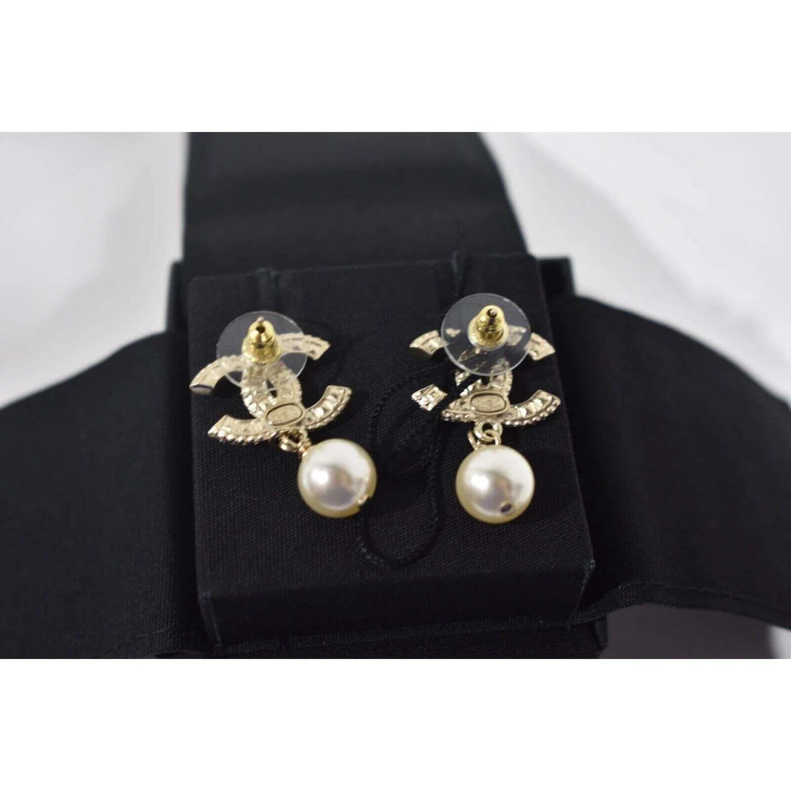 Chanel Chanel Gold Resin Crystal Pearl Statement Stud Drop Earrings Size ONE SIZE - 10 Thumbnail