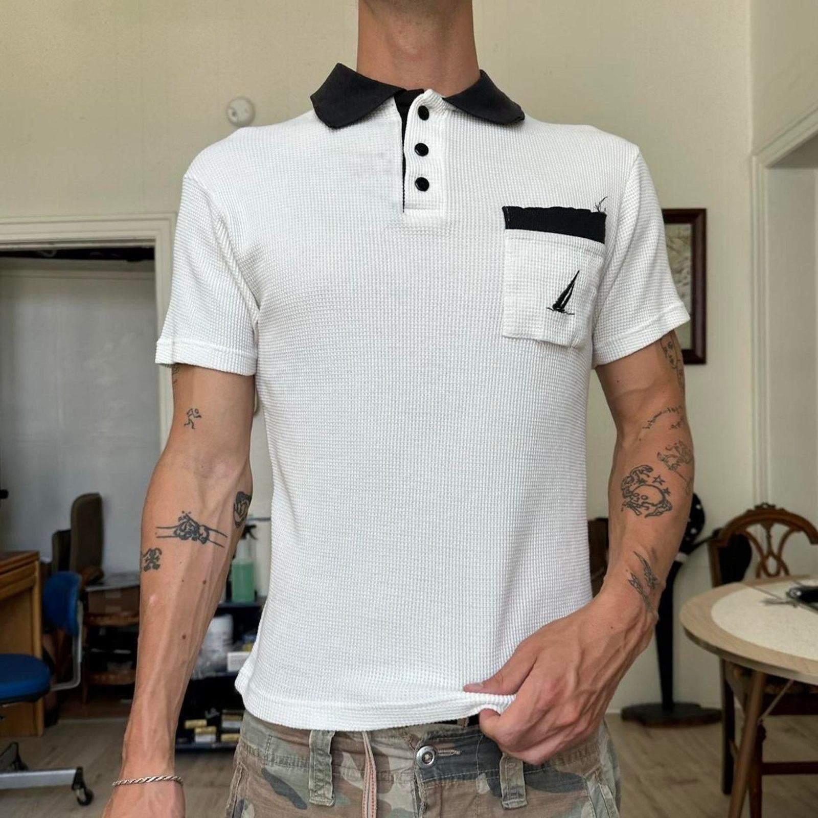 Nautica × Vintage Vintage 80s 90s Nautica White Black Waffle Shortsleeve Polo Size US S / EU 44-46 / 1 - 2 Thumbnail