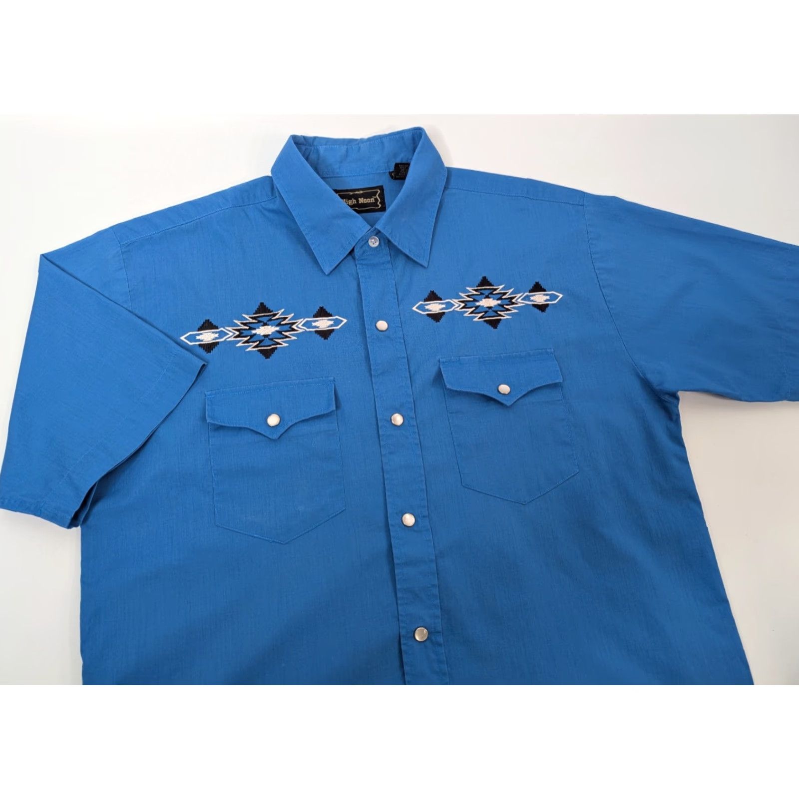 Vintage VINTAGE High Noon Shirt Mens M Blue Short Sleeve Embroidered Aztec Design Cowboy Western Snap Front Button-Up Size US 31 - 2 Thumbnail