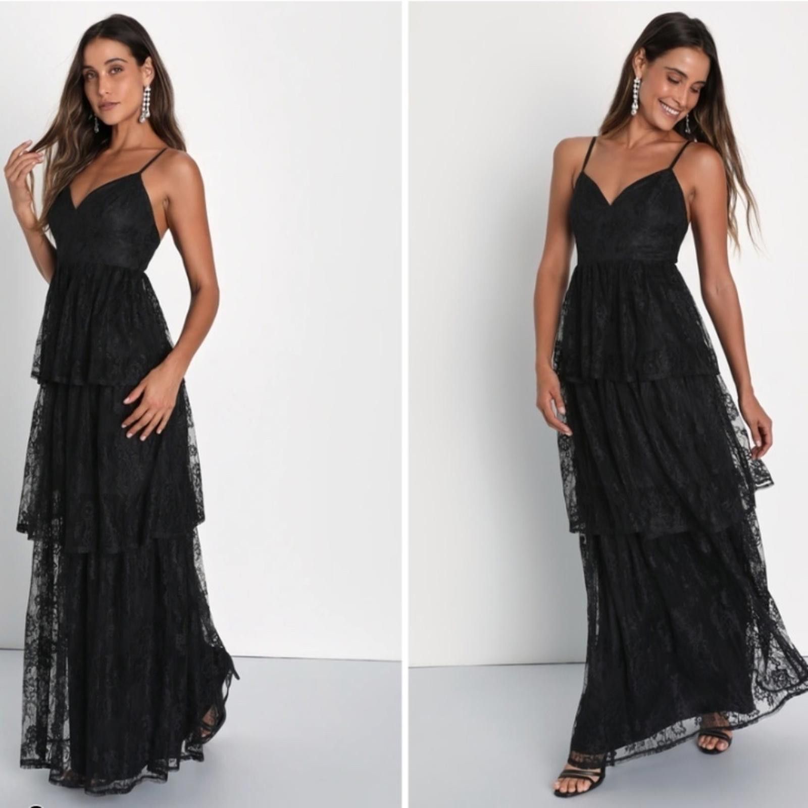 LULU's Prom Wedding Bridesmaid Tiered Lace Boho Ruffles Maxi