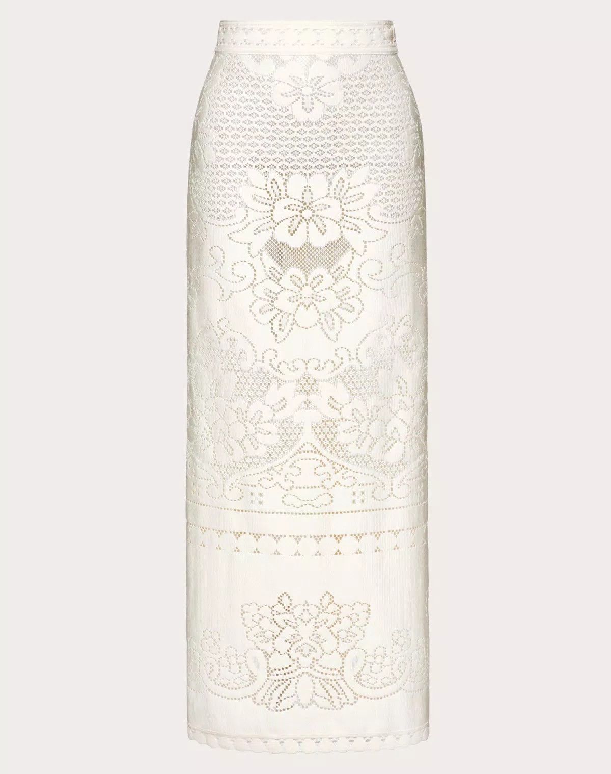Valentino o1s1wg110925 Cotton Lace Midi Skirt in White/Almond Size 26" / US 2 / IT 38 - 1 Thumbnail