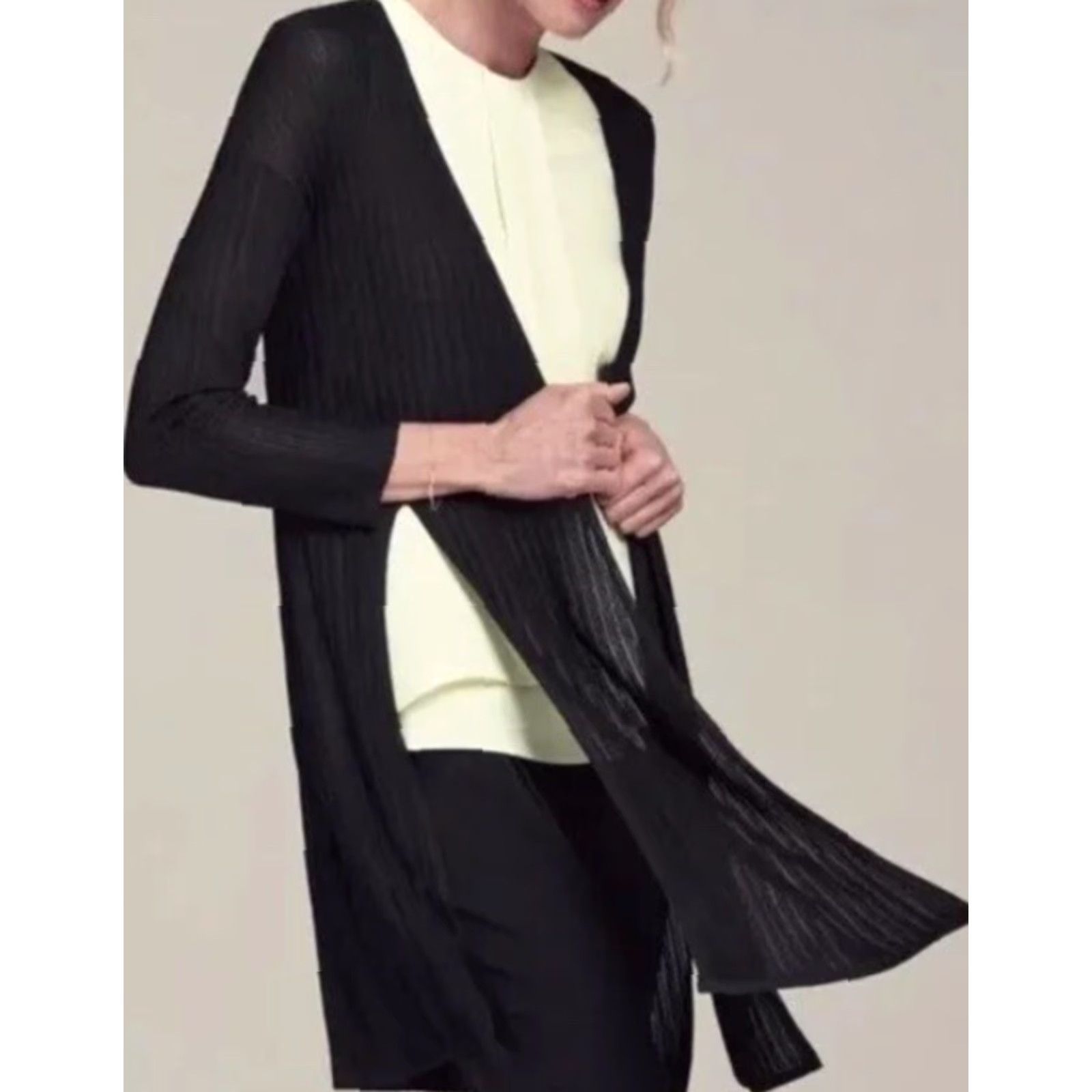 Vintage MM Lafleur Graham Kimono Duster Cardigan Sz M Black Ribbed-Knit Side Slit Shawl Women Size M / US 6-8 / IT 42-44 - 2 Thumbnail
