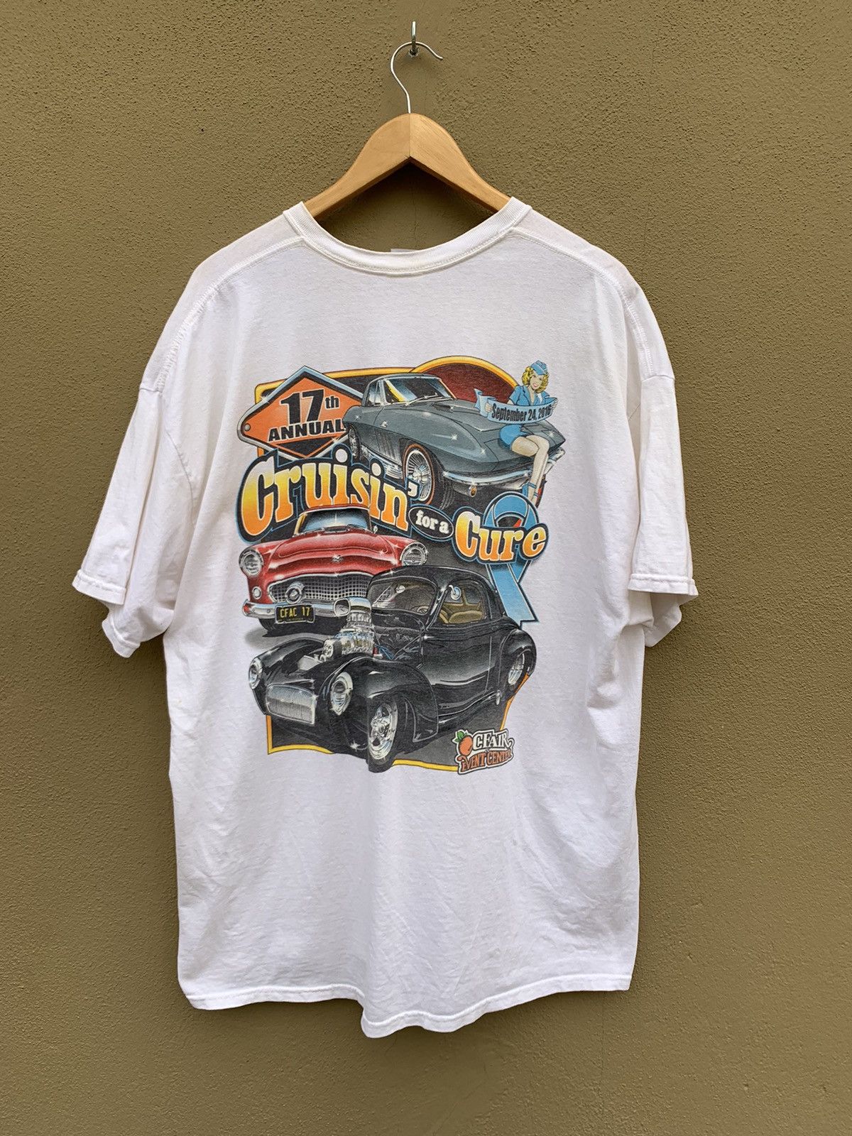 image of Racing Cruisin For A Cure Annual Car Show Tshirt Printed Oversized in White, Men's (Size 2XL)