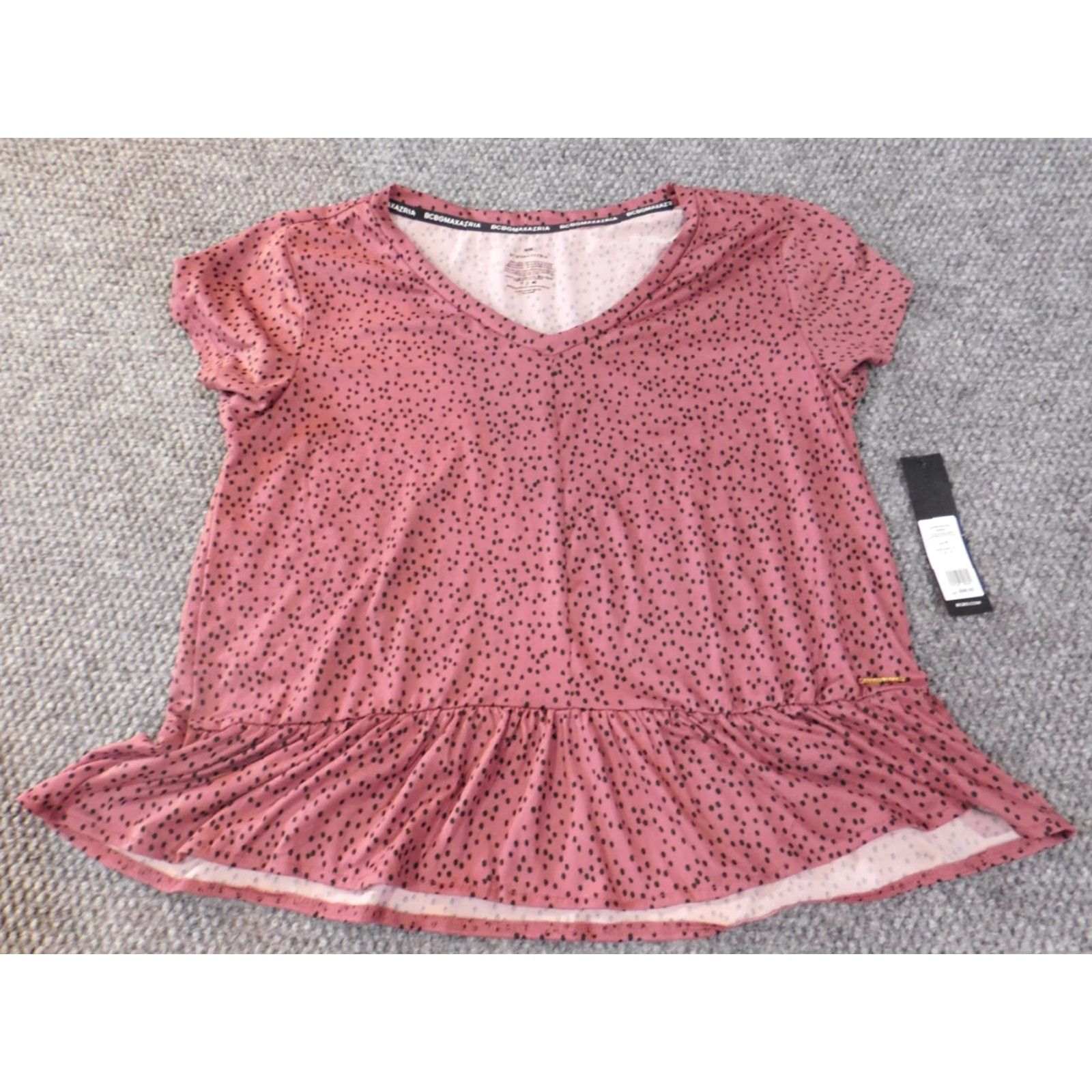 Bcbgmaxazria BCBGMAXAZRIA Blouse Womens Medium Purple Polka Dot Crew Neck Pullover Stretch Peplum Casual Shirt Size M / US 6-8 / IT 42-44 - 2 Thumbnail