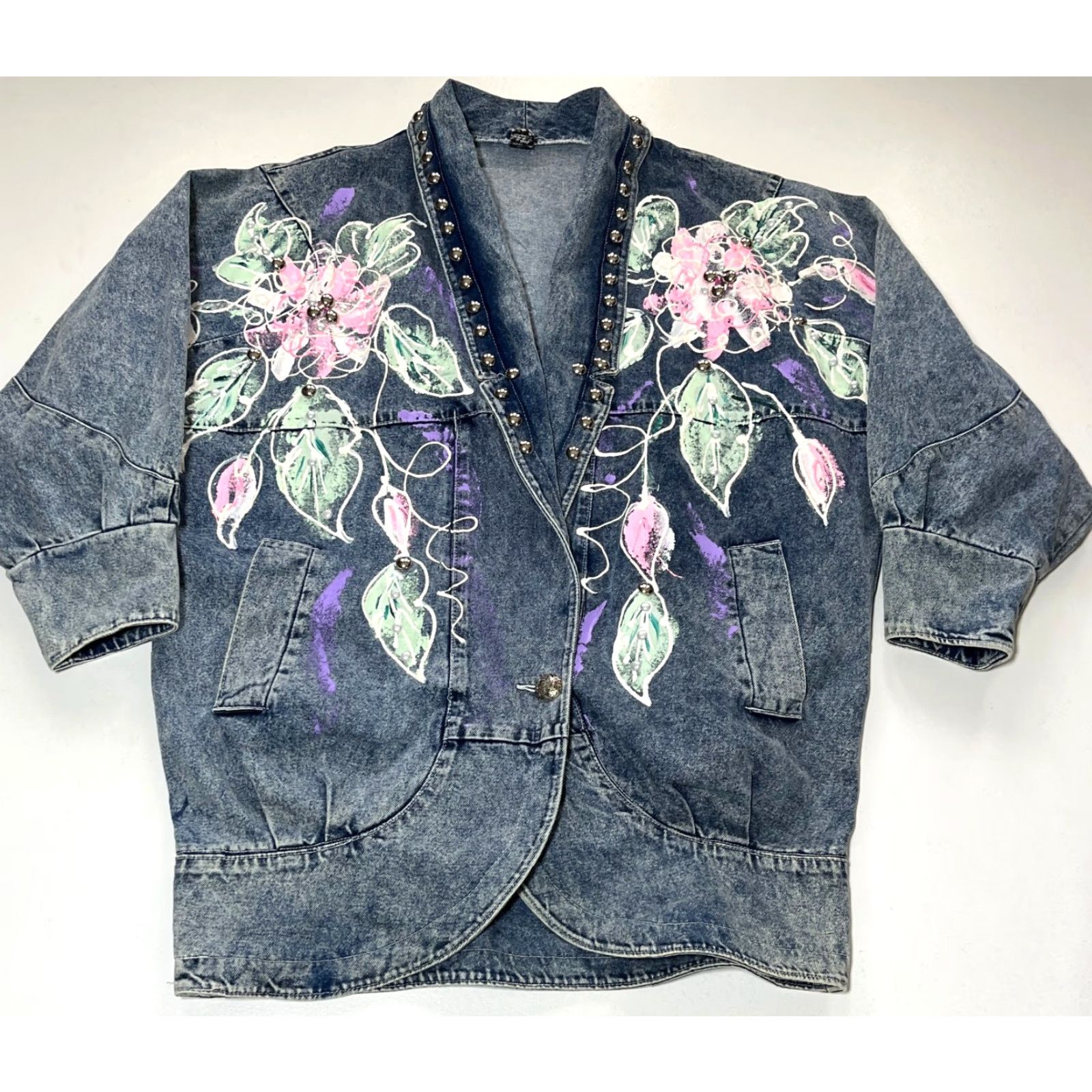 Denime VINTAGE Women's Denim Jacket Americana 80s Floral Blue Sz L Jacket Women 80s Vintage Denim Jacket Americana Floral Pockets Blue 80s Womens Mens Girls Size L / US 10 / IT 46 - 4 Thumbnail