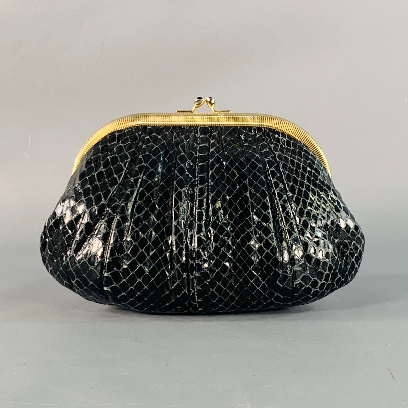 Judith Leiber Vintage Black Gold Tone Snakeskin Leather Kiss Lock Evening Size ONE SIZE - 1 Thumbnail